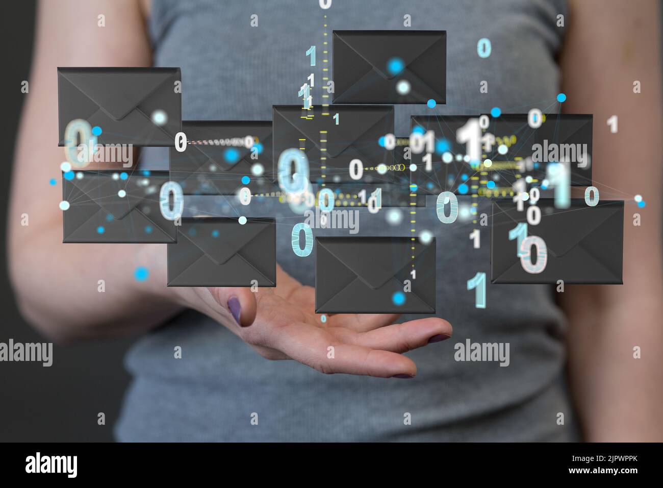 A woman presenting illustrated message icons over her hand Stock Photo ...