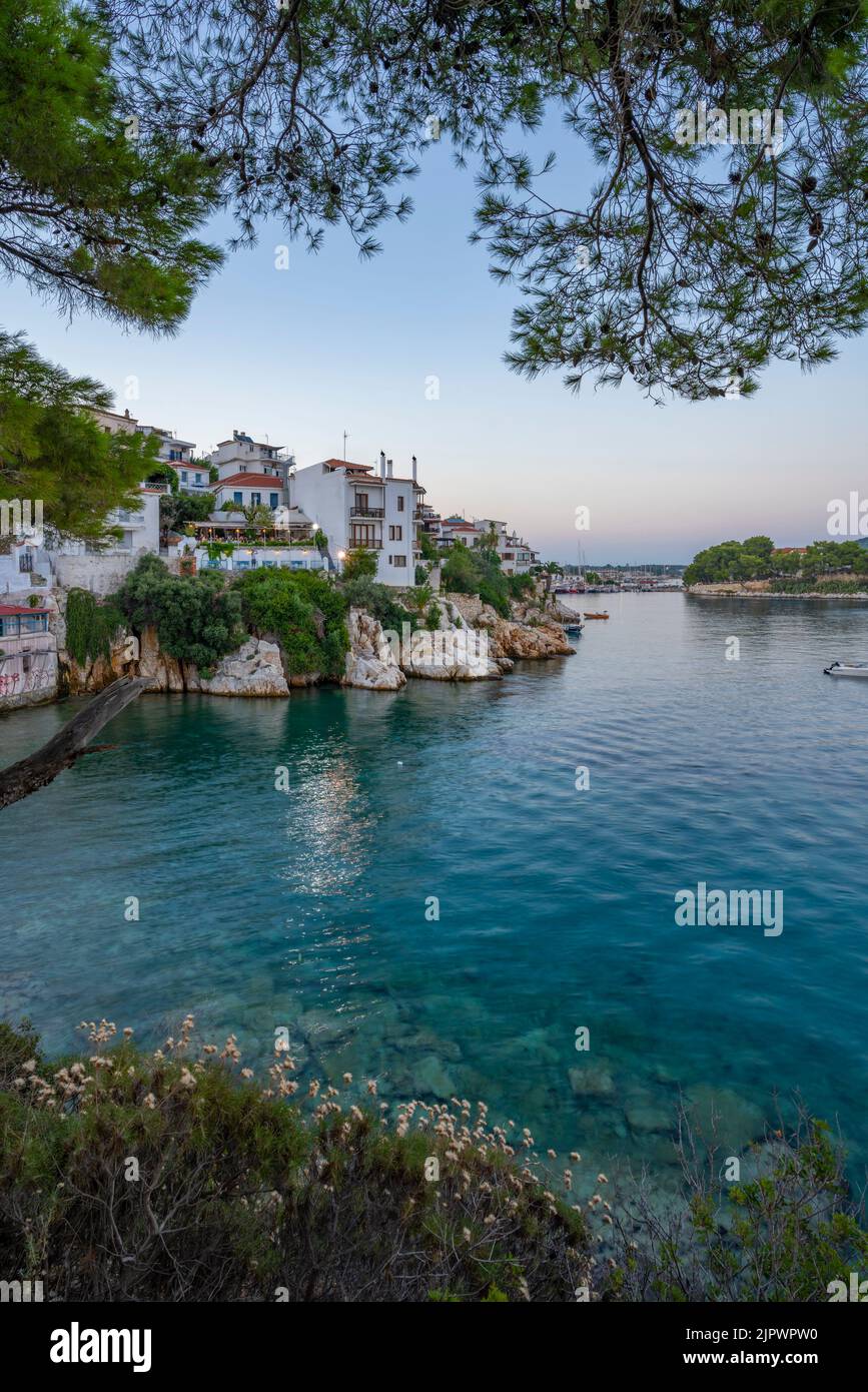 View of old town at dusk, Skiathos Town, Skiathos Island, Sporades Islands, Greek Islands, Greece, Europe Stock Photo