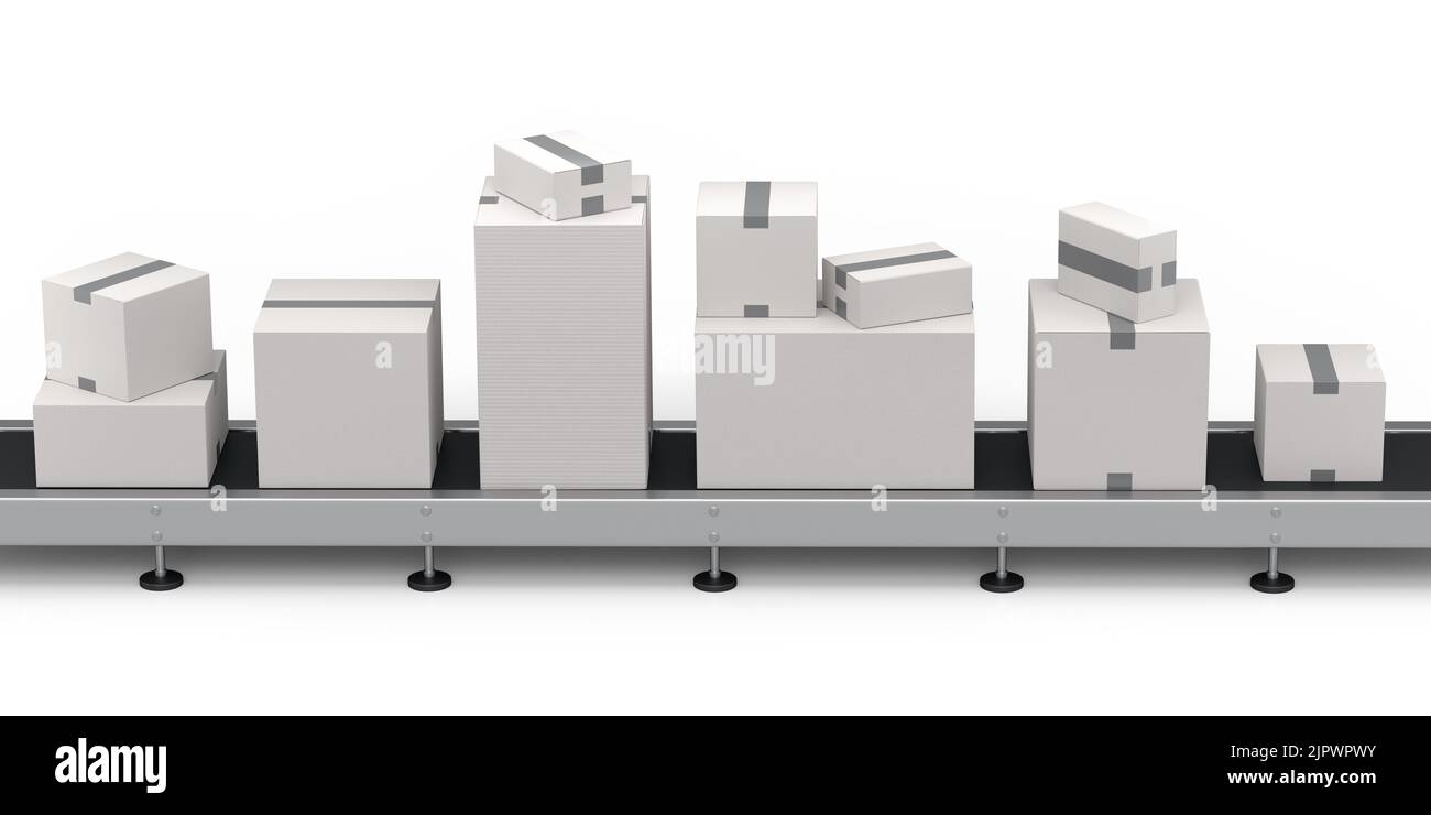 Airport luggage conveyor belt or manufacture line with cardboard boxes