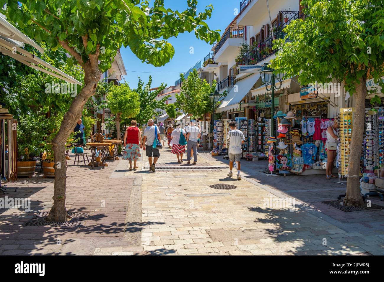 View of shops in Skiathos Town, Skiathos Island, Sporades Islands, Greek Islands, Greece, Europe Stock Photo