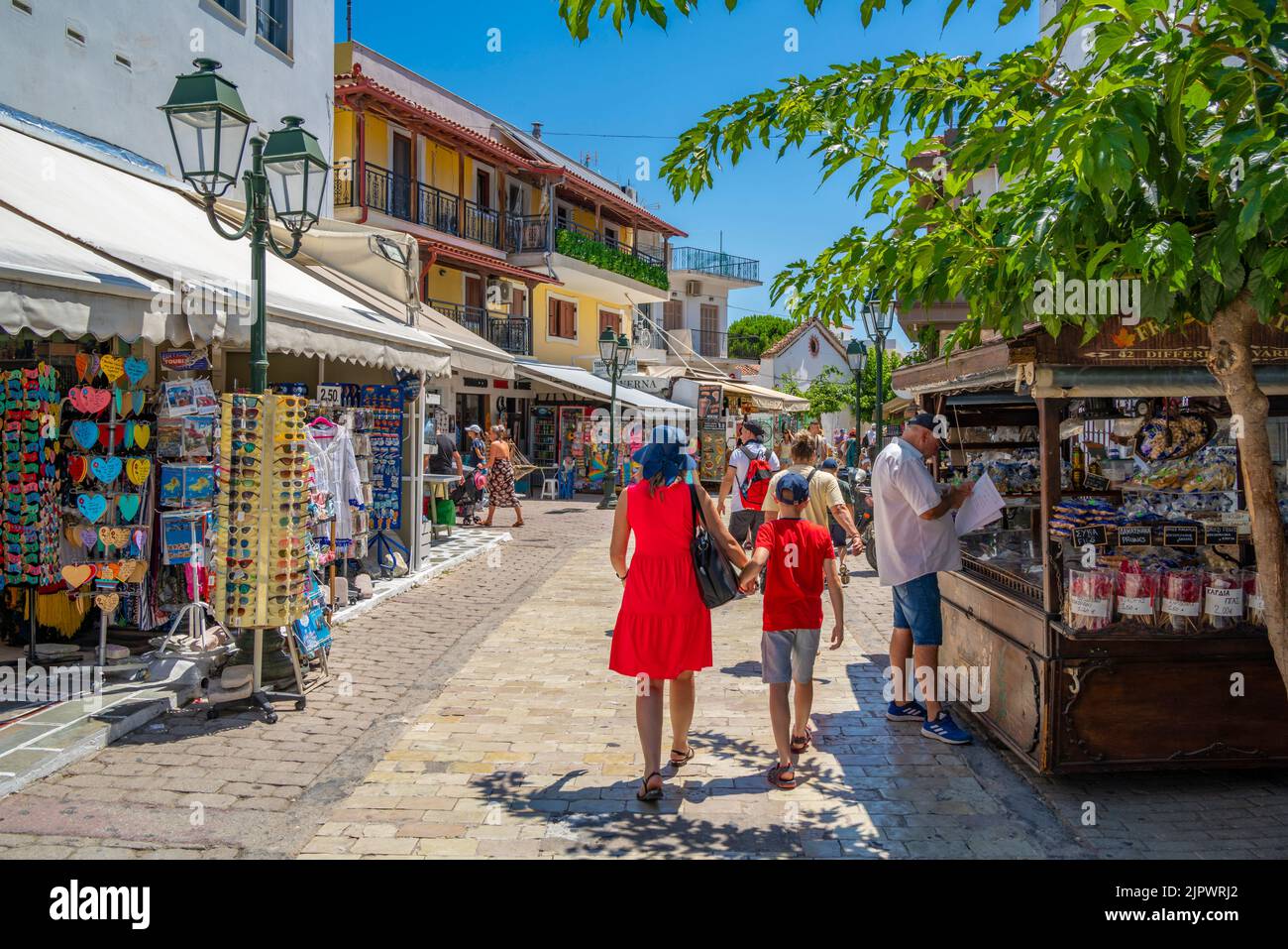 View of shops and bars in Skiathos Town, Skiathos Island, Sporades Islands, Greek Islands, Greece, Europe Stock Photo
