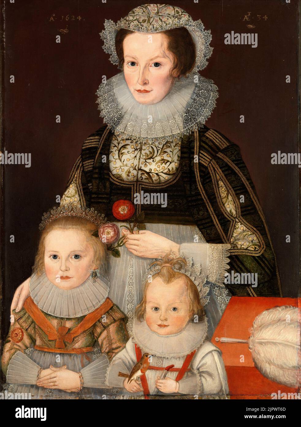 A Lady and Her Two Children by an unknown artist.  1624. Stock Photo