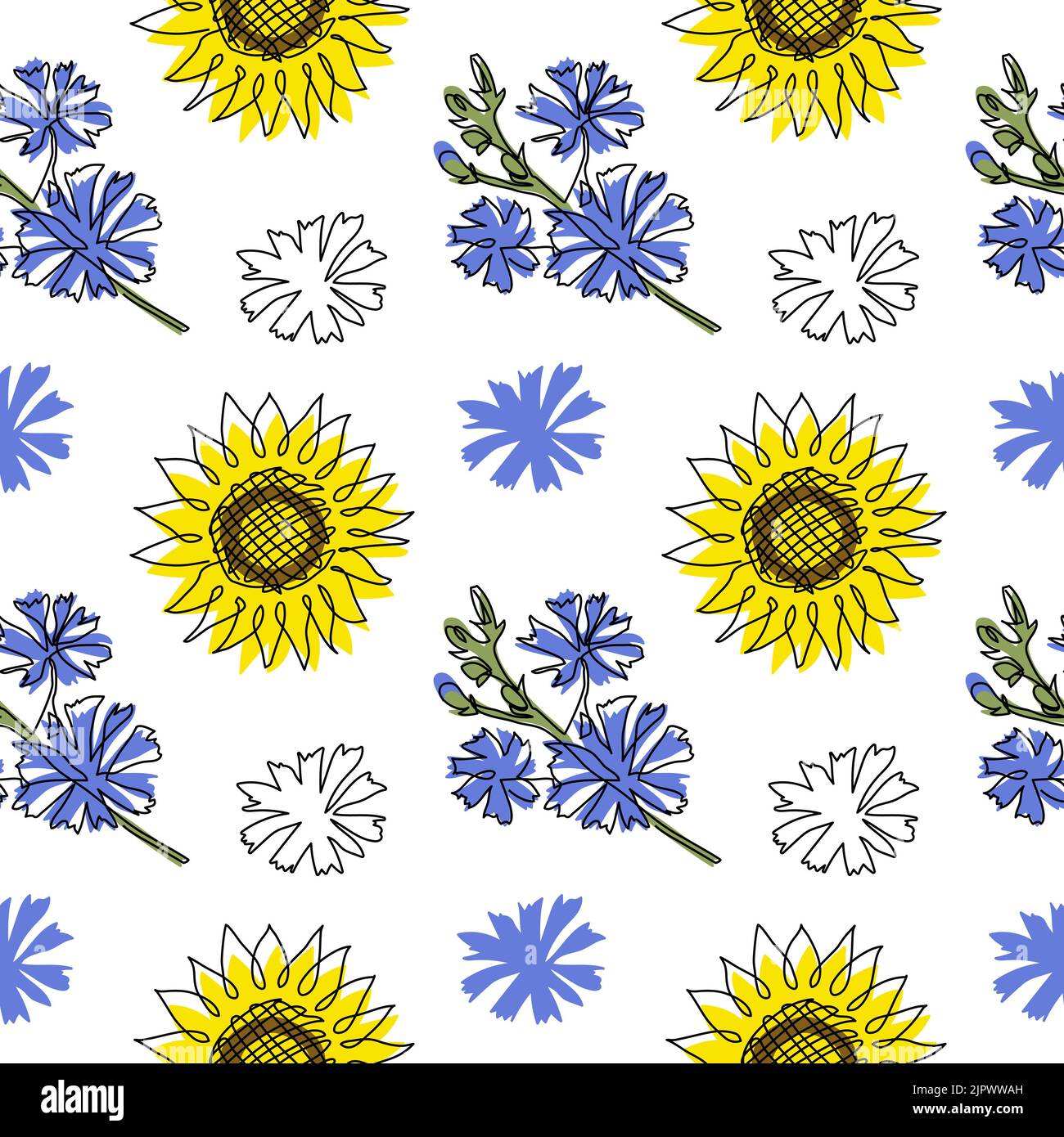 Blue and yellow ua vector pattern with flowers. One continuous line art drawing pattern with sunflower and chicory Stock Vector
