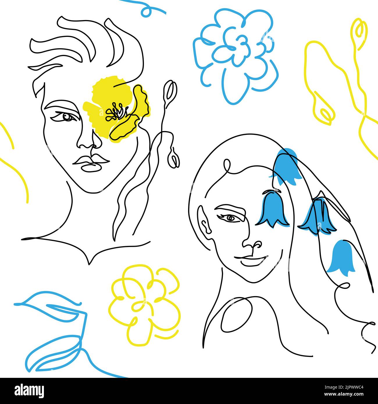Blue and yellow ua vector pattern with woman face and flower instead of eye. One continuous line art drawing pattern in blue and yellow colors Stock Vector