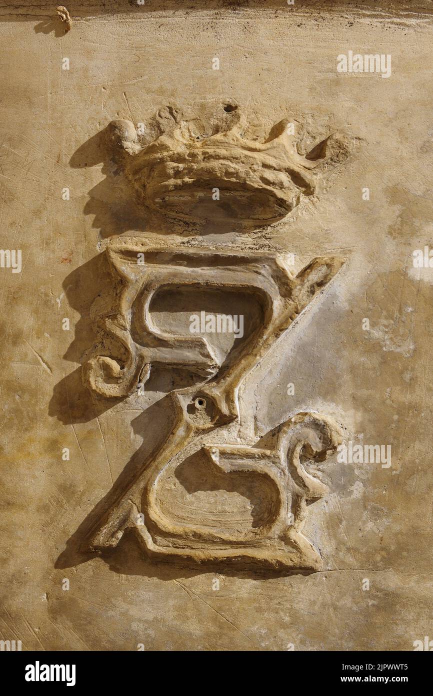 Detail of the letter that appears on the ancient planter found in the abbey of Santa Maria d'Arabona. Manoppello - Abruzzo. Stock Photo