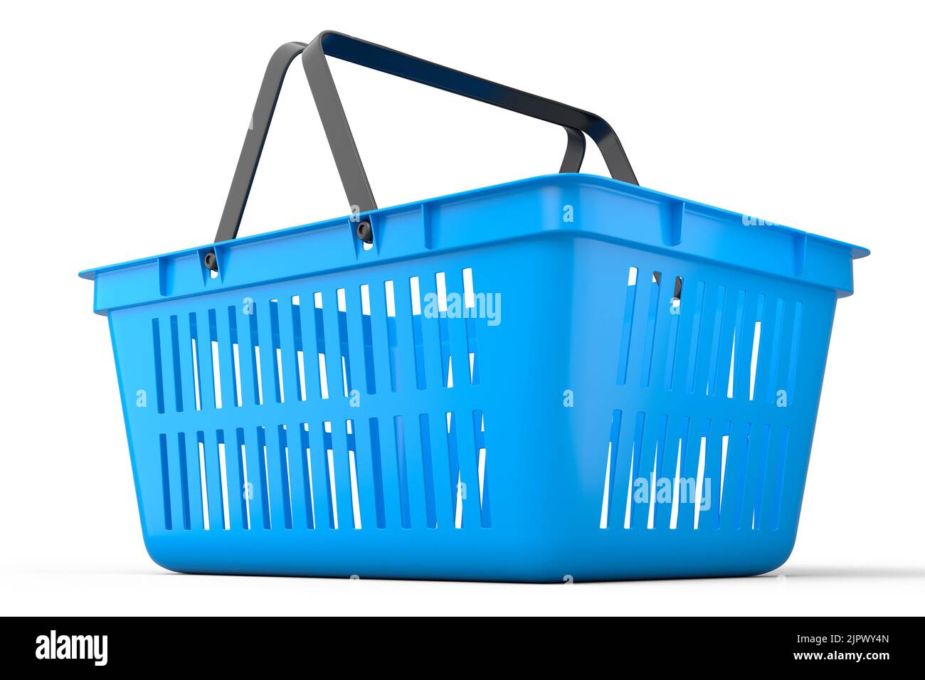 Plastic shopping basket from supermarket on white background. 3d render concept of online
