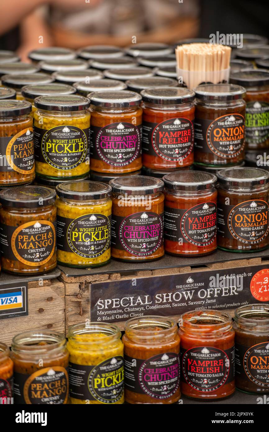 jars of chutney and pickle on sale at the garlic farm on the isle of