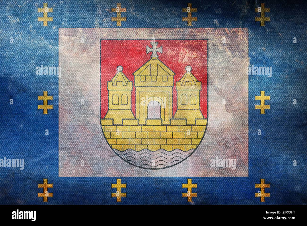 Top view of retro flag LTU Klaipedos apskritis Lithuania with grunge texture. Lithuanian travel and patriot concept. no flagpole. Plane layout, design Stock Photo