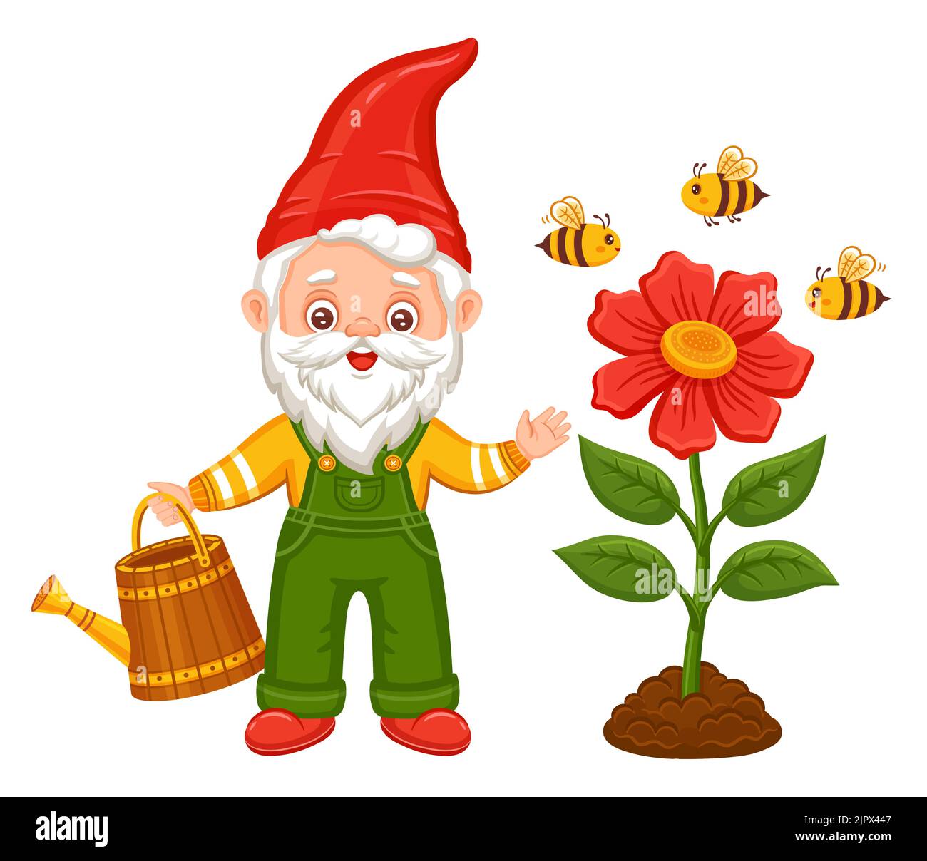 Cute garden gnome growing flower, gardener dwarf hold watering can. Fairytale gardening elf, small old man with beard. Bee collect honey nectar vector Stock Vector