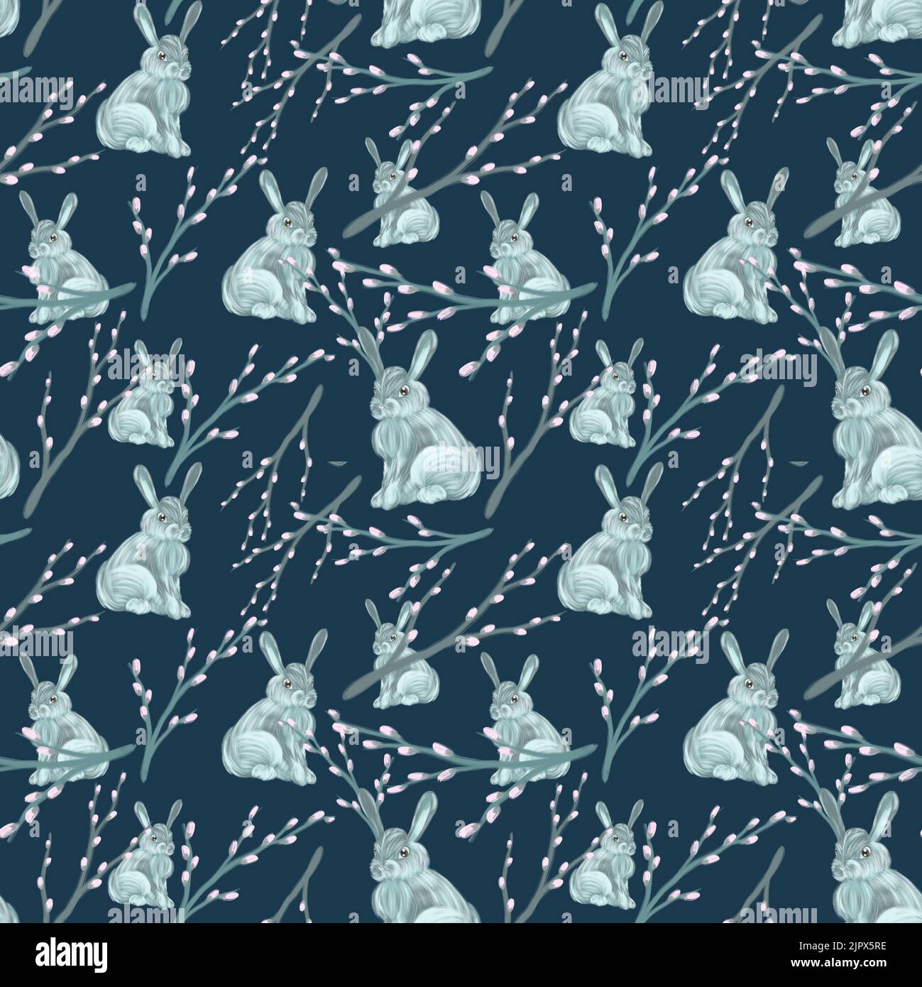 Seamless pattern rabbits and willow painted in watercolor in a realistic style on a dark background. Stock Photo