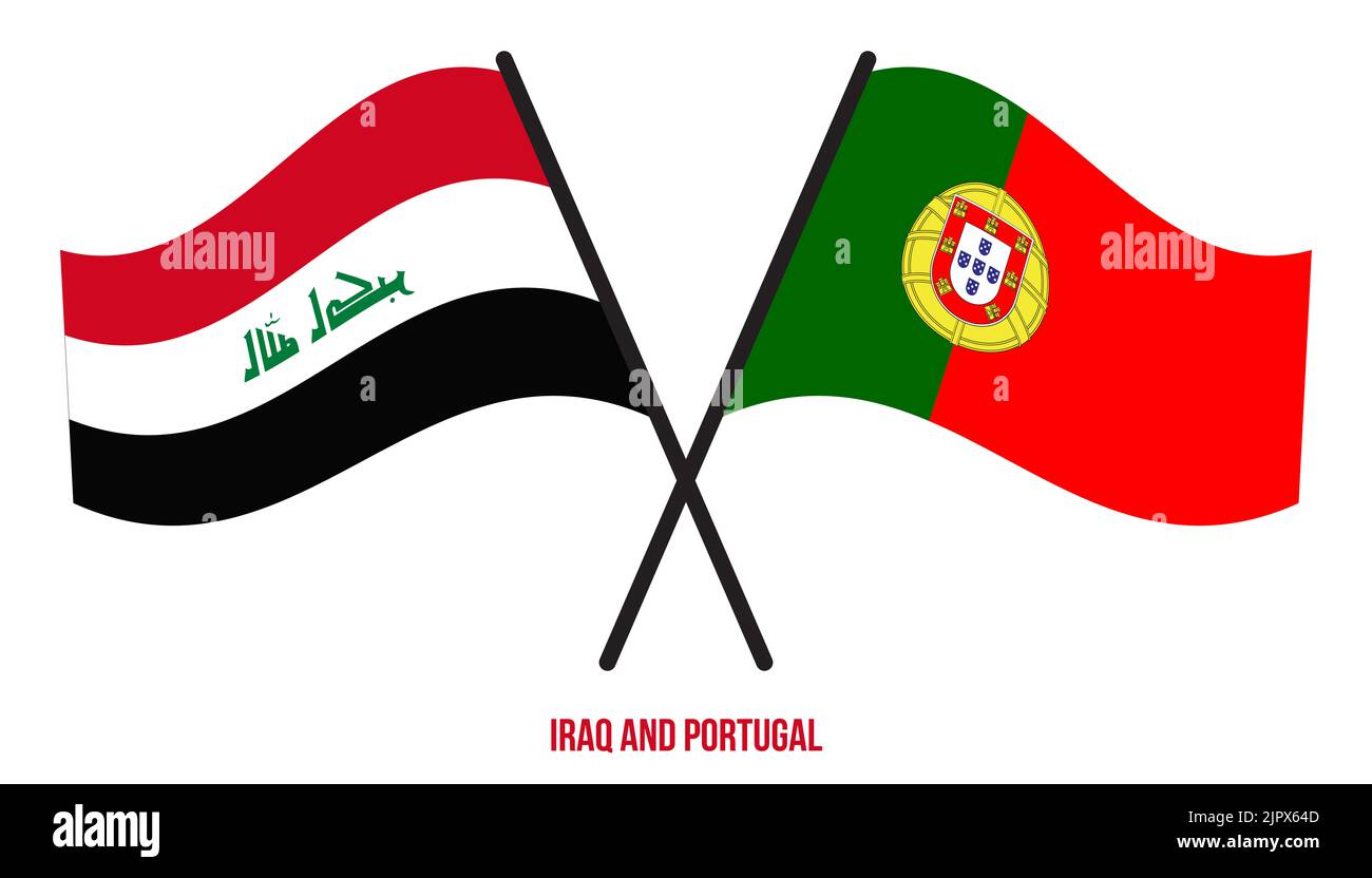 Iraq and Portugal Flags Crossed And Waving Flat Style. Official Proportion. Correct Colors. Stock Photo