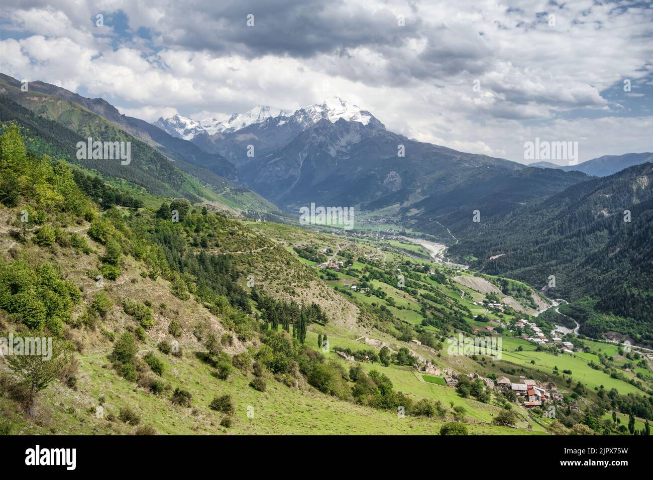 Landscape of the majestic Caucasus mountains in Svaneti region, Georgia Stock Photo