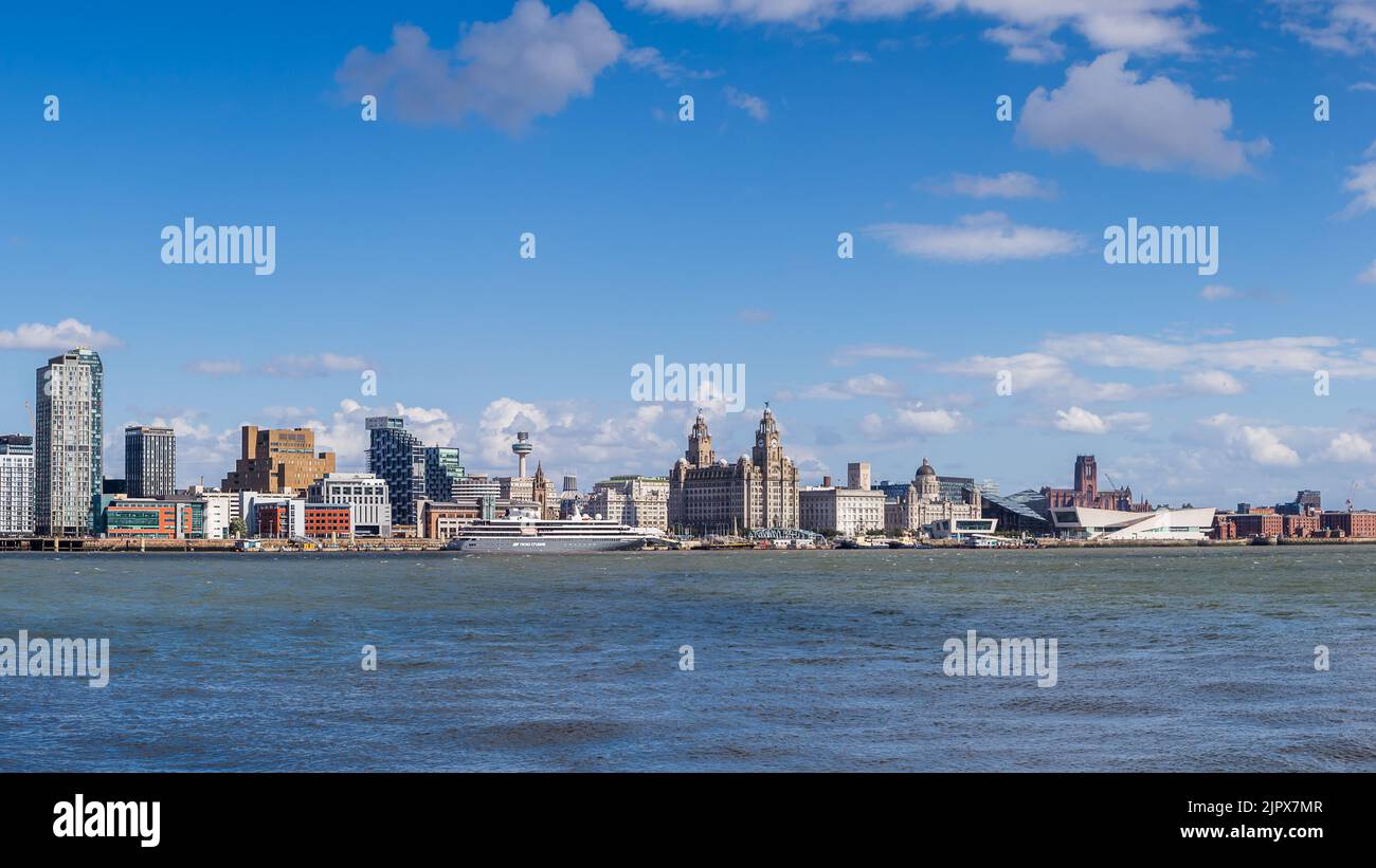 World Voyager cruise ship on the Liverpool waterfront seen during its first visit to the city in August 2022. Stock Photo