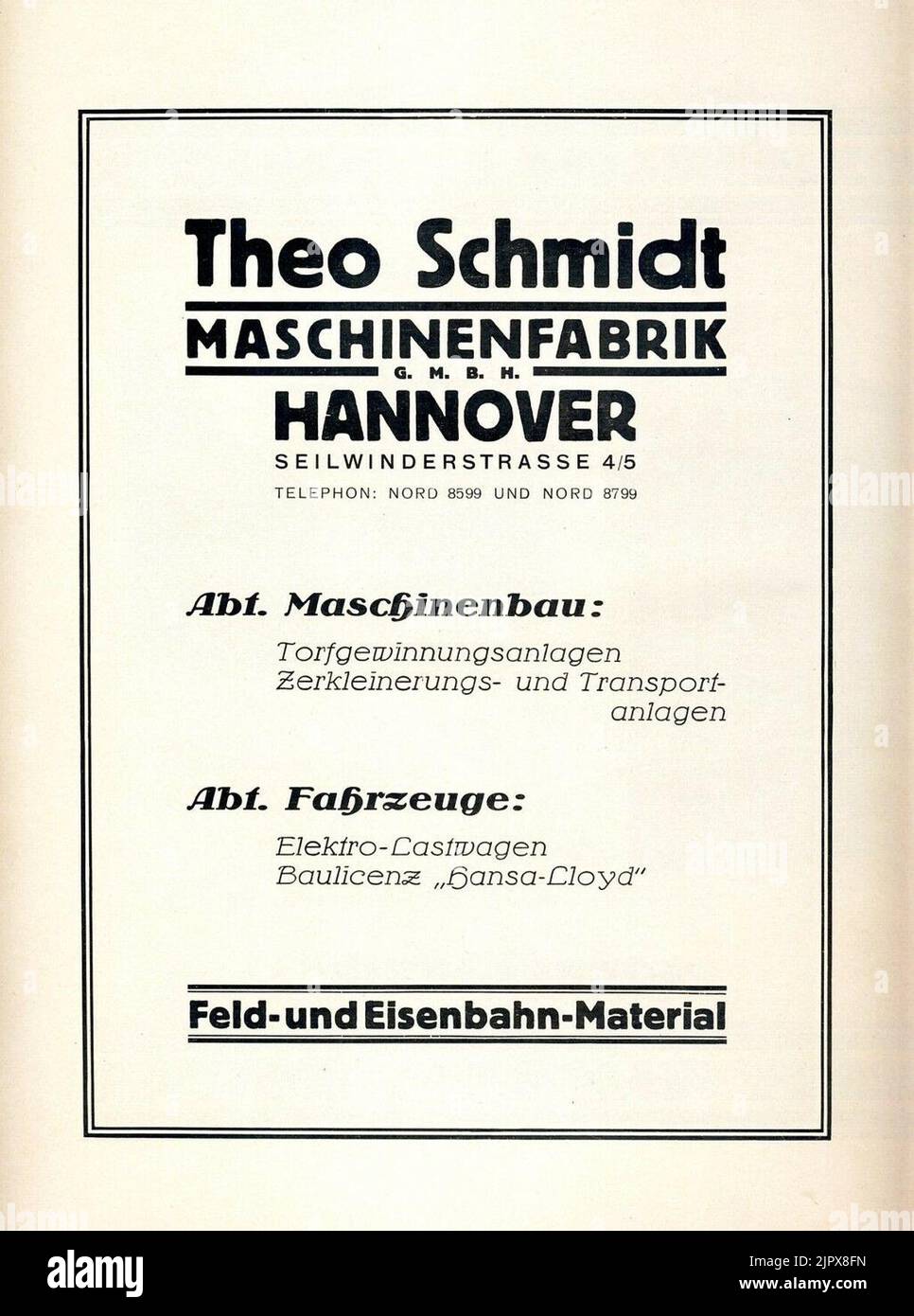 Theo Schmidt, Maschinenfabrik GmbH, Hannover, Seilwindenstr. 46, Feld