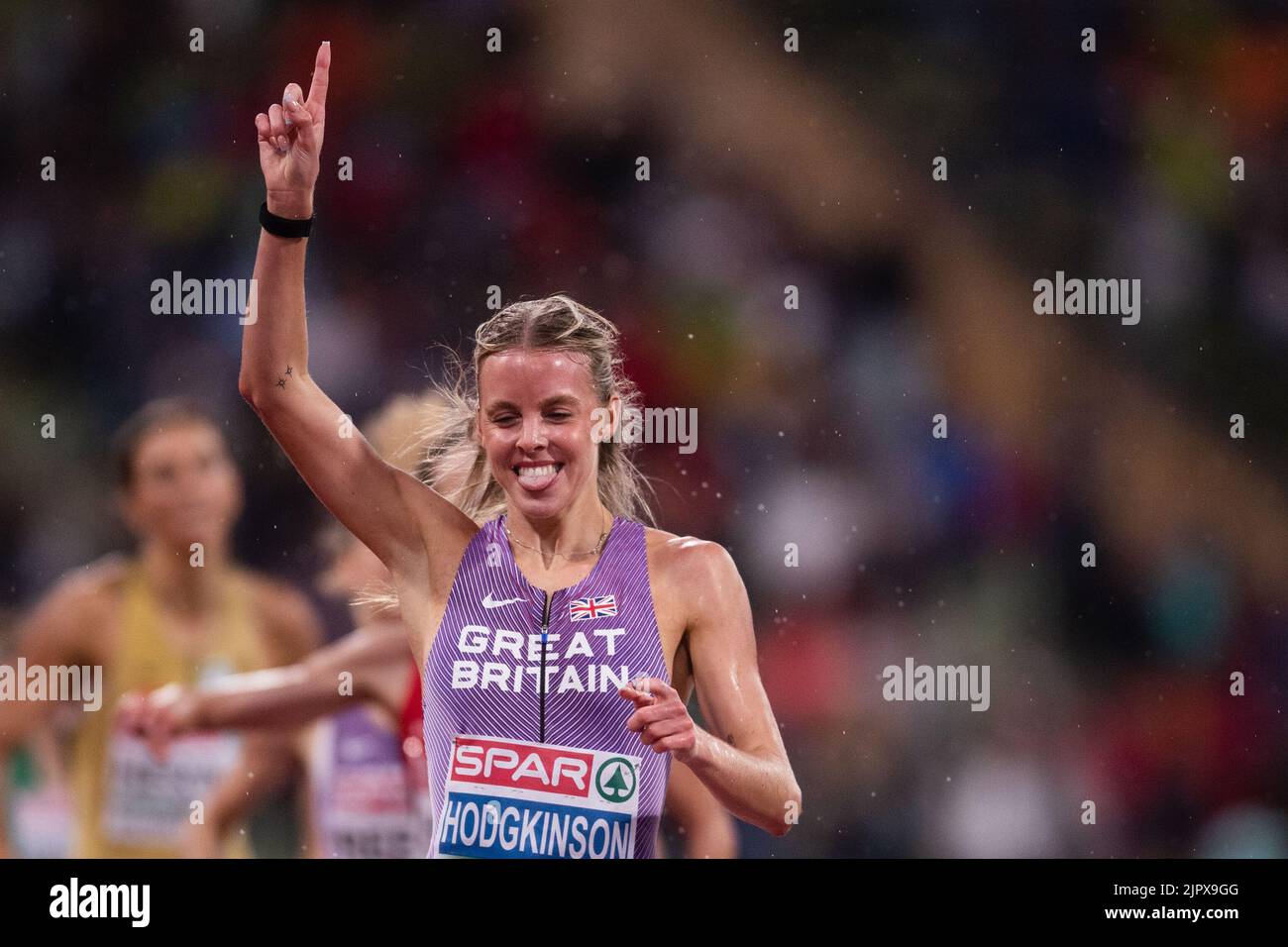 Great Britain's Keely Hodgkinson celebrates winning the Women's 800m