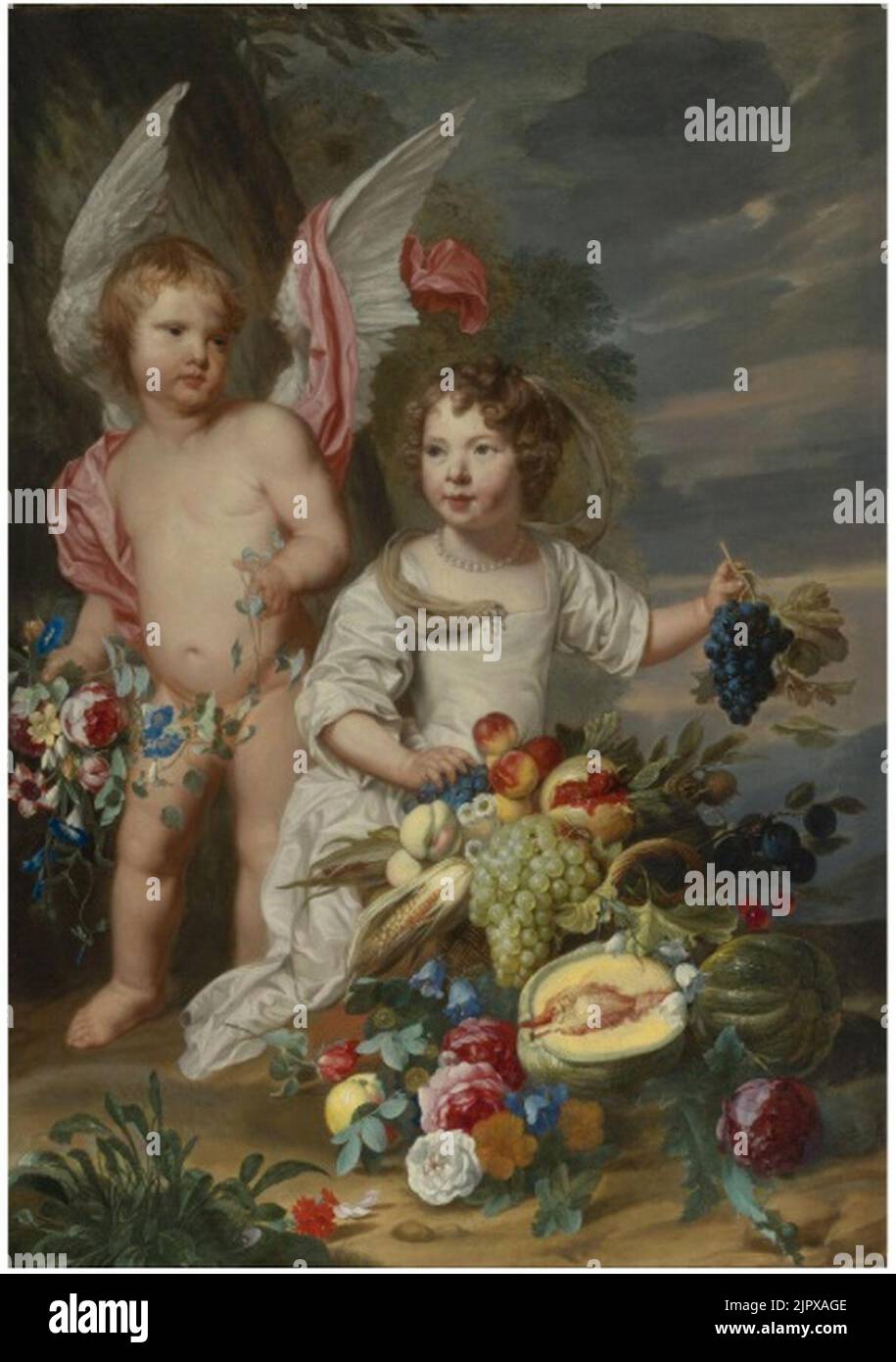 Theodoor van Thulden and Alexander Coosemans - Double Portrait of a girl and a girl as Cupid and Ceres next to a Stil life of fruits and flowers Stock Photo
