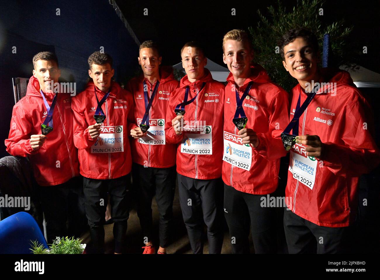 L-R, Belgian Jonathan Borlee, Belgian Kevin Borlee, Belgian Dylan Borlee, Belgian Julien Watrin, Belgian Alexander Doom and Belgian Jonathan Sacoor pose with their silver medal after the podium of the men's 4x400m relay race at the European Championships athletics, at Munich 2022, Germany, on Saturday 20 August 2022. The second edition of the European Championships takes place from 11 to 22 August and features nine sports.  BELGA PHOTO ERIC LALMAND Stock Photo