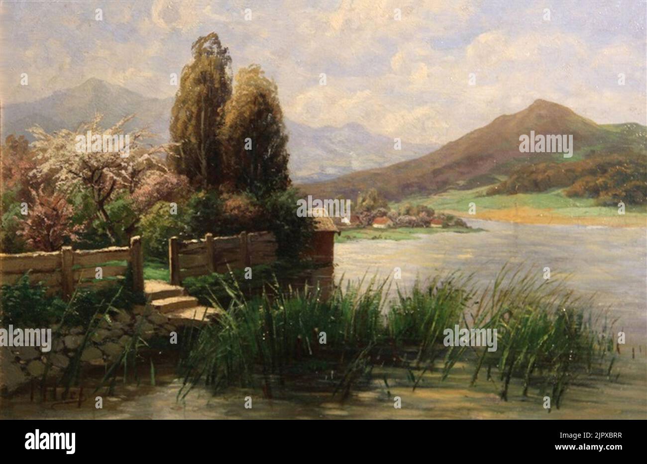 Theodor Her Ein Garten am Ufer des Flusses mit Bergen in der Ferne