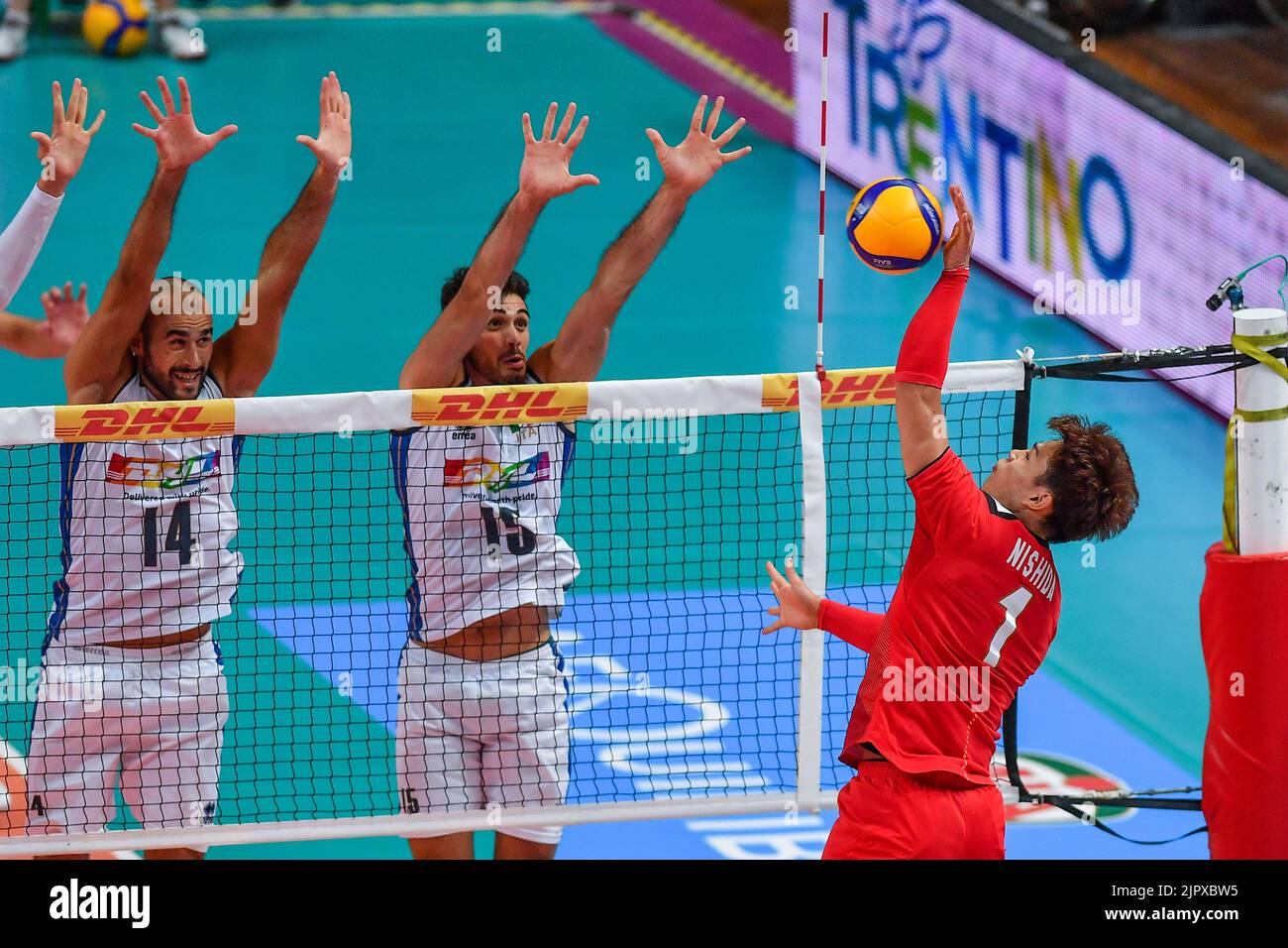 Cuneo, Cuneo, Italy, August 20, 2022, Gianluca Galassi (Italy) - Daniele Lavia (Italy) - Nishida Yuji (Japan)  during  DHL Test Match Tournament - Italy vs Japan - Volleyball Intenationals Stock Photo