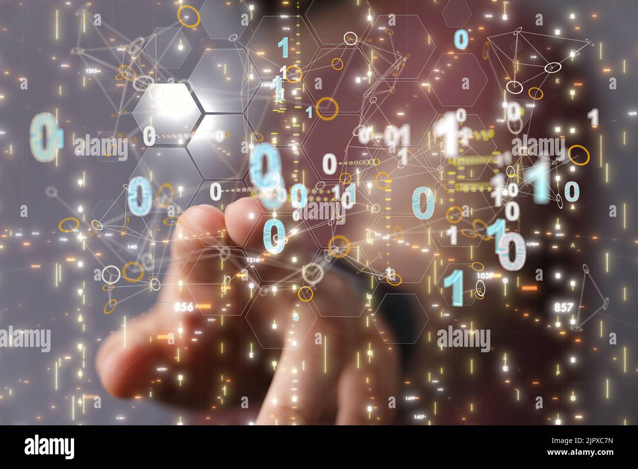A hand interacting with many of digital numbers connecting, 3d render ...