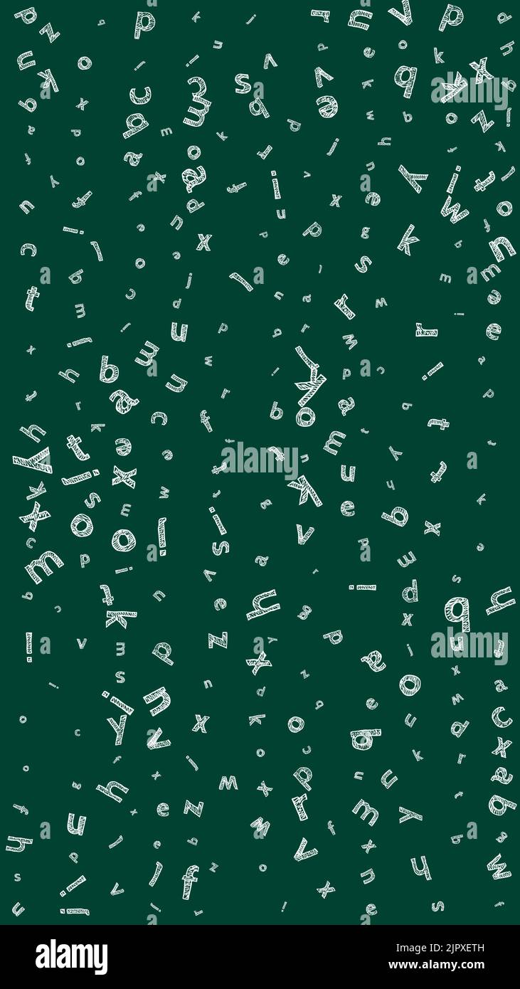 Falling letters of English language. Sketch chalk flying words of Latin ...