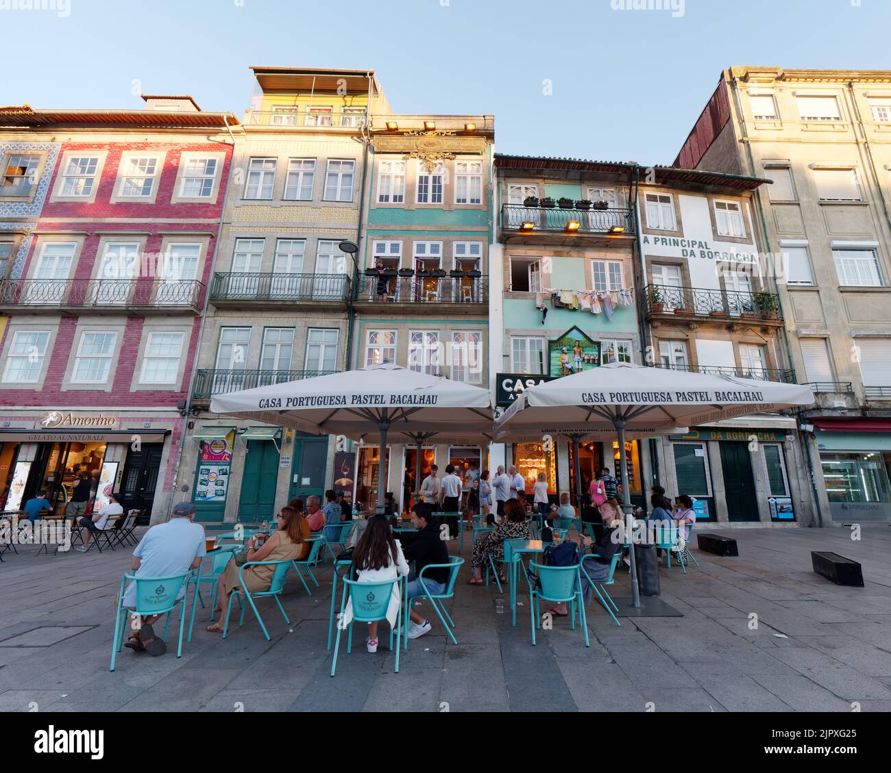 Exterior of Restaurant and buildings in the Clérigos district of Porto, Portugal on a summers evening. Stock Photo
