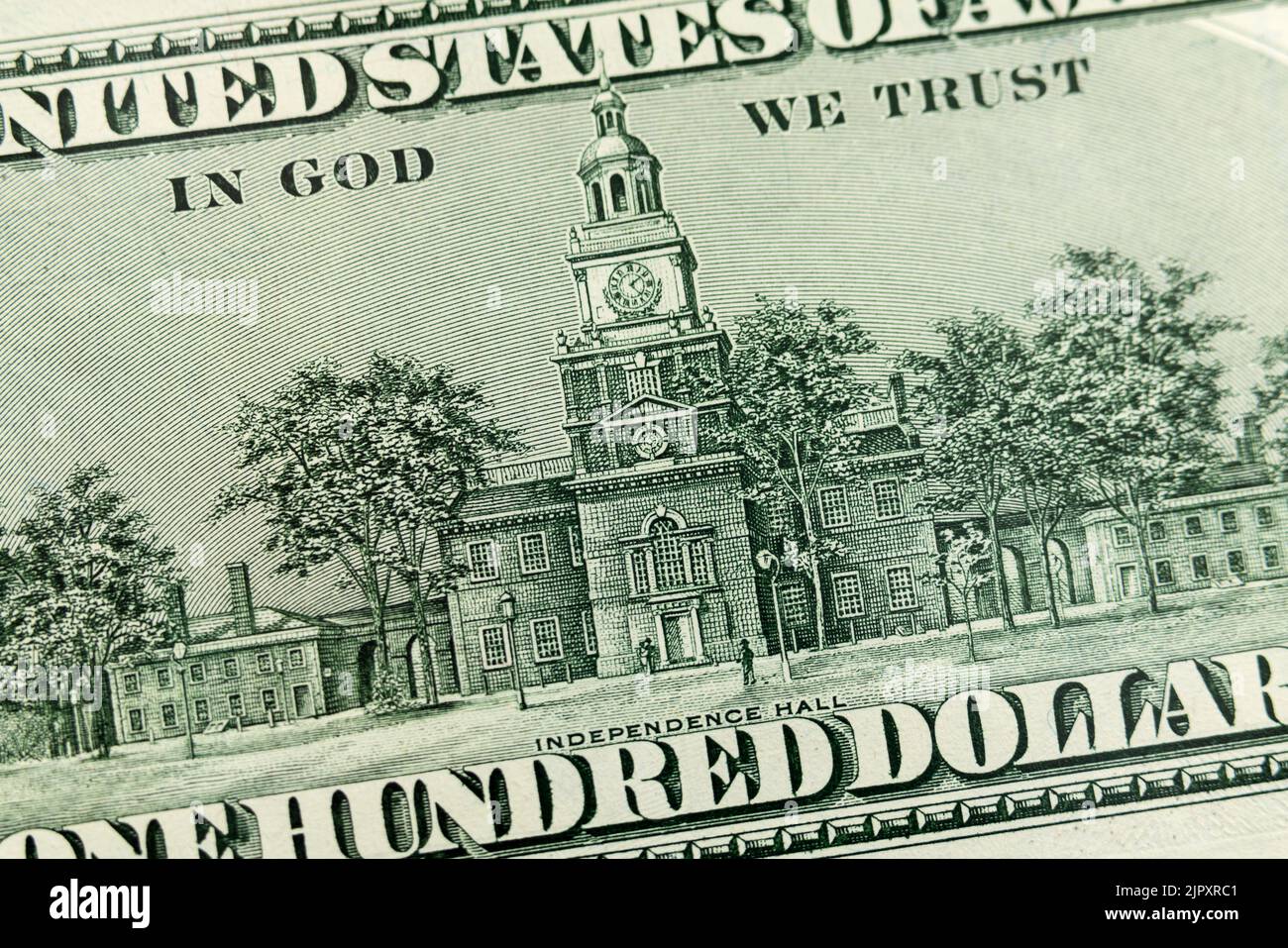 Close up of Independence Hall on the back of the US one hundred dollar bill. Stock Photo