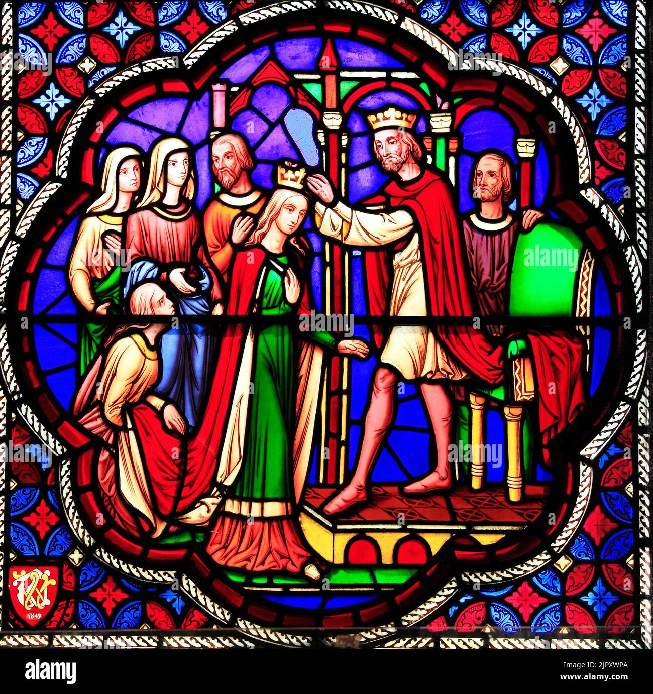 Ely Cathedral, 19th century stained glass window, by Wiliam Wailes, 1849, The Crowning of Esther, Cambridgeshire, England, UK Stock Photo