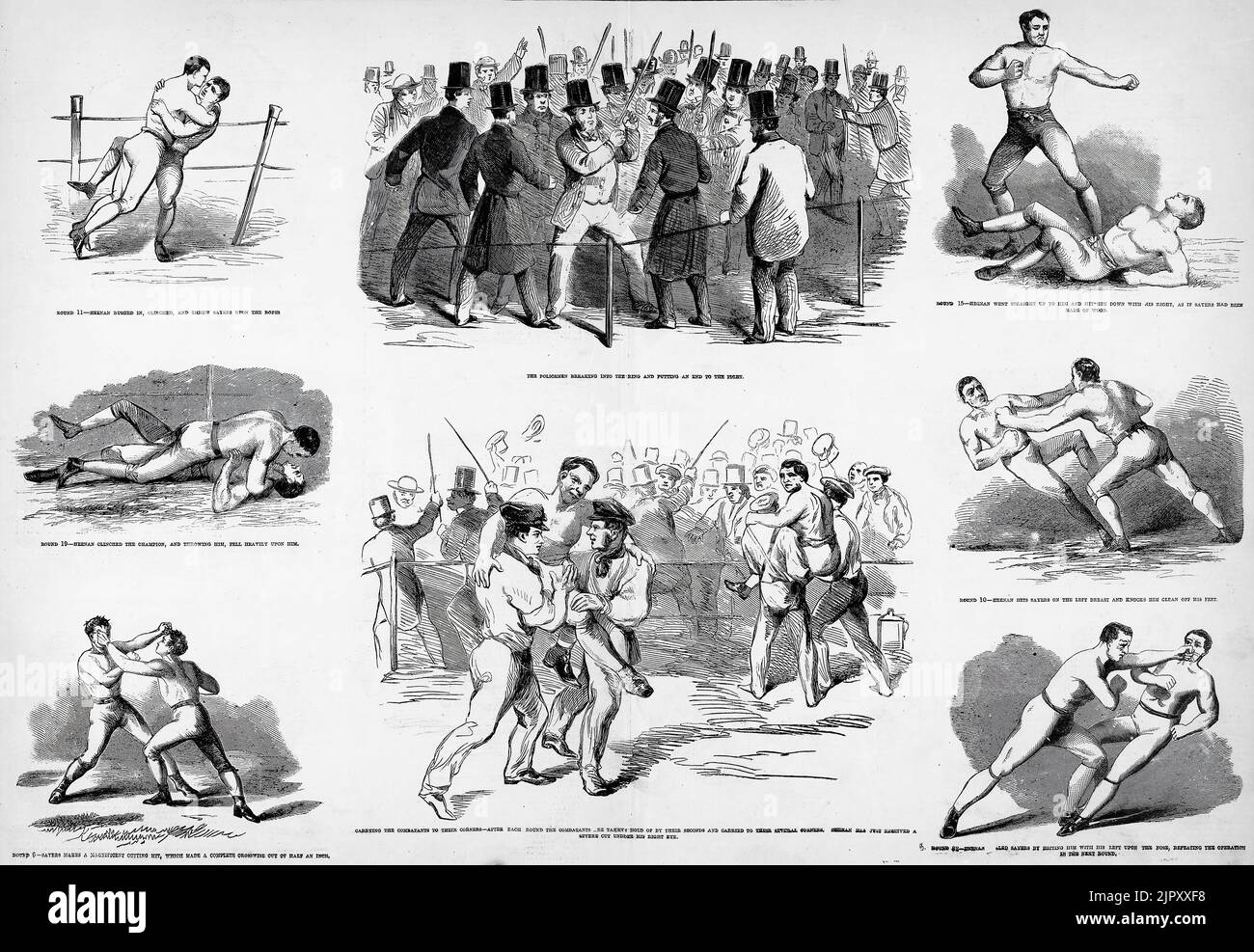 Scenes from the prize fight of John C. Heenan and Tom Sayers for the Championship Belt of England - Carrying the combatants to their corners - Round 6, 10, 11, 15, 19 and 32 - The policemen breaking into the ring and putting an end to the fight. April 17th, 1860. 19th century illustration from Frank Leslie's Illustrated Newspaper Stock Photo