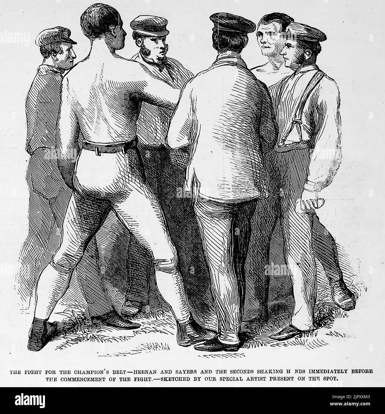 The fight for the Champion's Belt - John C. Heenan and Tom Sayers and the seconds shaking hands immediately before the commencement of the fight, April 17th, 1860. 19th century illustration from Frank Leslie's Illustrated Newspaper Stock Photo