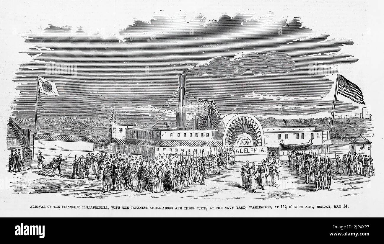 Arrival of the steamship Philadelphia, with the Japanese Ambassadors and their suite, at the Navy Yard, Washington, May 14th, 1860. Japanese Embassy to the United States. 19th century illustration from Frank Leslie's Illustrated Newspaper Stock Photo