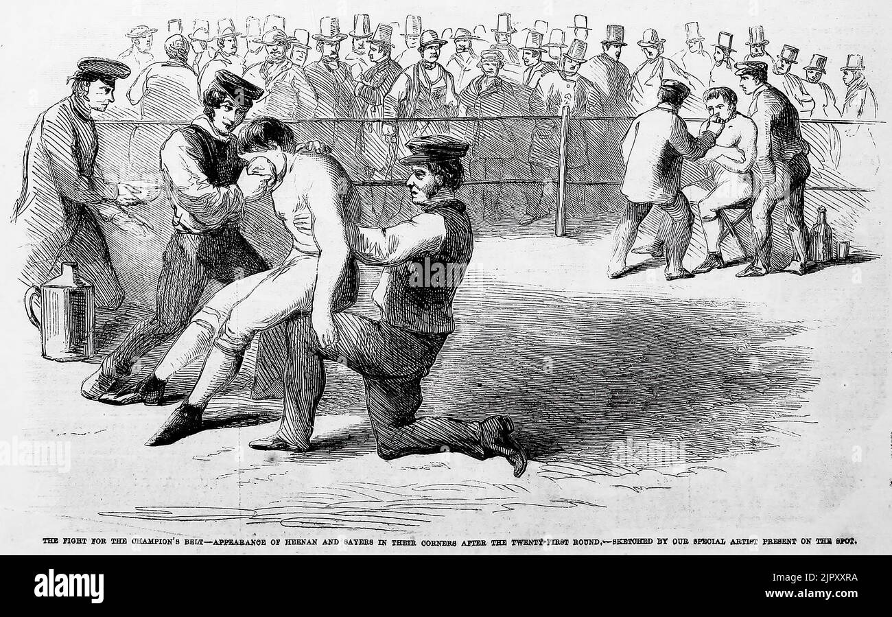 The fight for the Champion's Belt - Appearance of John C. Heenan and Tom Sayers in their corners after the twenty-first round, April 17th, 1860. 19th century illustration from Frank Leslie's Illustrated Newspaper Stock Photo