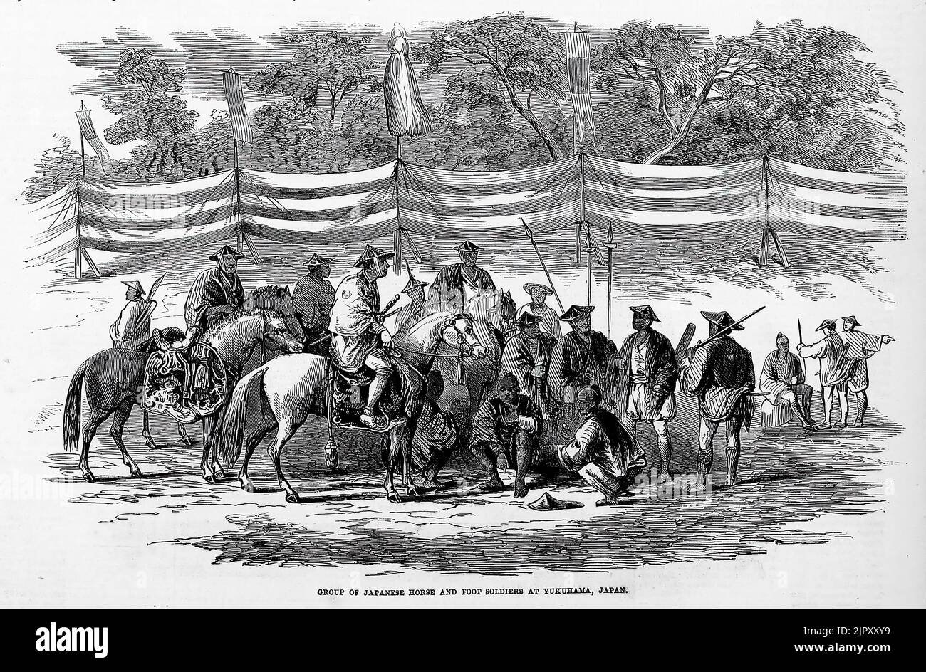 Group of Japanese horses and foot soldiers at Yukuhama, Japan, 1860