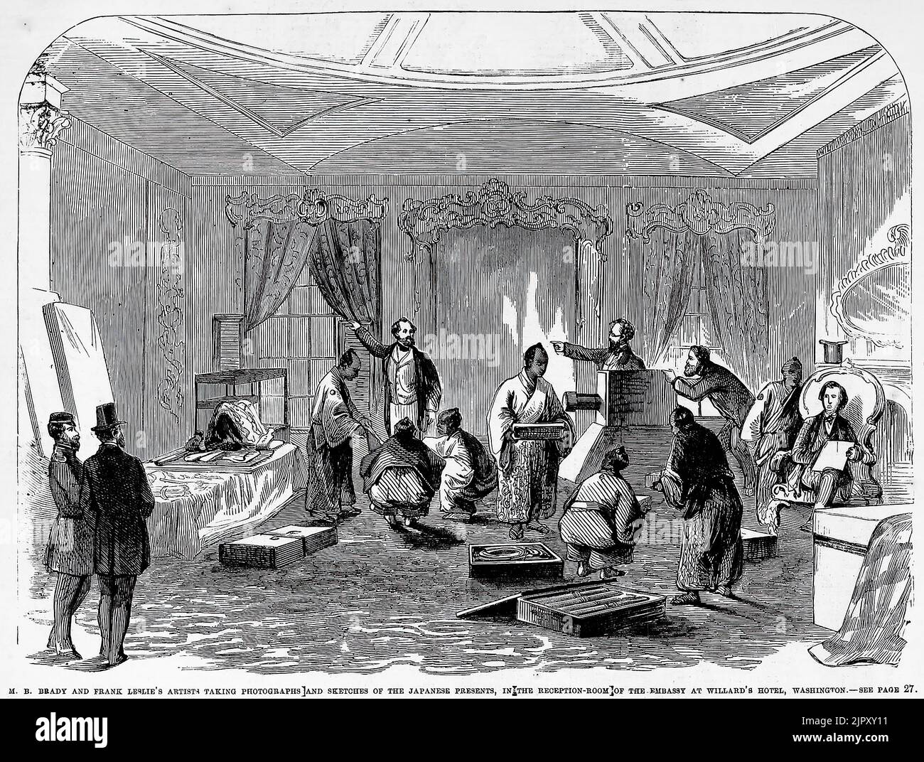 M. B. Brady and Frank Leslie's artists taking photographs and sketches of the Japanese presents, in the reception-room of the embassy at Willard's Hotel, Washington, 1860. Japanese Embassy to the United States. 19th century illustration from Frank Leslie's Illustrated Newspaper Stock Photo