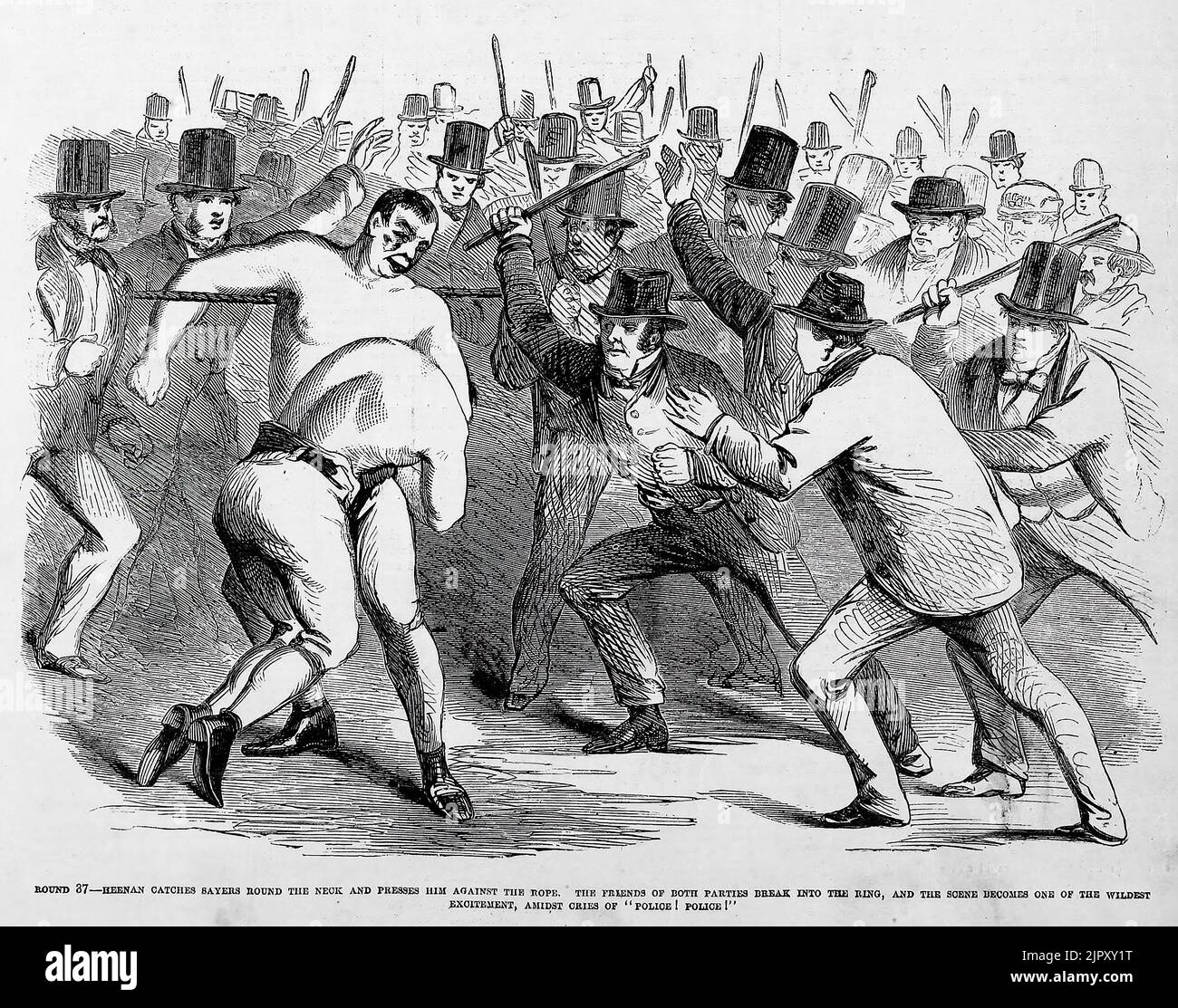 Round 37 - John C. Heenan catches Tom Sayers round the neck and presses him against the rope, The friends of both parties break into the ring, and the scene becomes one of the wildest excitement, amidst cries of 'Police! Police!.' April 17th, 1860. 19th century illustration from Frank Leslie's Illustrated Newspaper Stock Photo