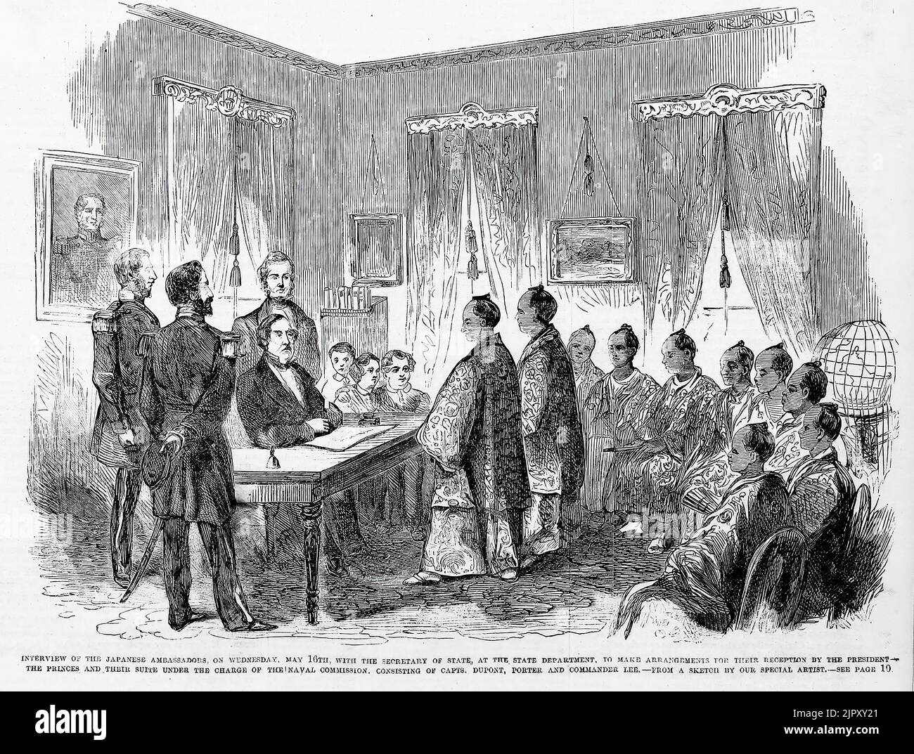 Interview of the Japanese ambassadors, May 16th, 1860, with the Secretary of State, at the State Department, to make arrangements for their reception by the President - The Princes and their suite under the charge of the Naval Commission, consisting of Captains Samuel F. DuPont, David D. Porter and Commander Sidney Smith Lee. Japanese Embassy to the United States. 19th century illustration from Frank Leslie's Illustrated Newspaper Stock Photo