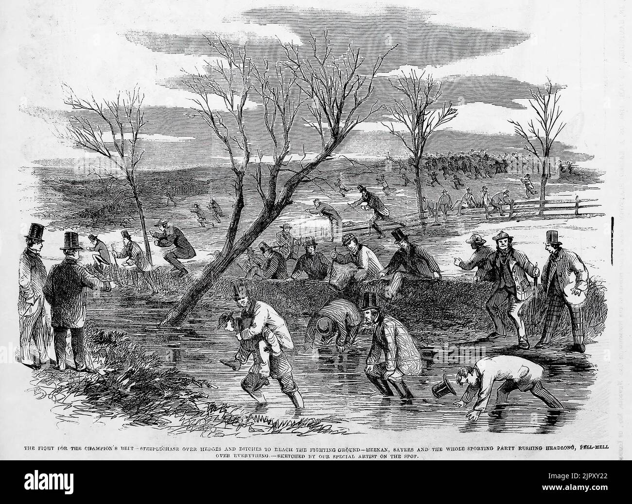 The fight for the Champion's Belt - Steeplechase over hedges and ditches to reach the fighting ground - John C. Heenan, Tom Sayers and the whole sporting party rushing headlong, pell-mell over everything, April 17th, 1860. 19th century illustration from Frank Leslie's Illustrated Newspaper Stock Photo