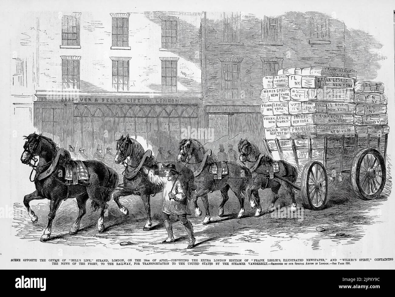 Scene opposite the office of 'Bell's Life in London,' Strand, London, England, April 18th, 1860 - Conveying the extra London edition of 'Frank Leslie's Illustrated Newspaper' and 'Wilkes' Spirit of the Times,' containing the news of the prize fight between John C. Heenan and Tom Sayers, to the railway, for transportation to the United States by the steamer Vanderbilt. 19th century illustration from Frank Leslie's Illustrated Newspaper Stock Photo