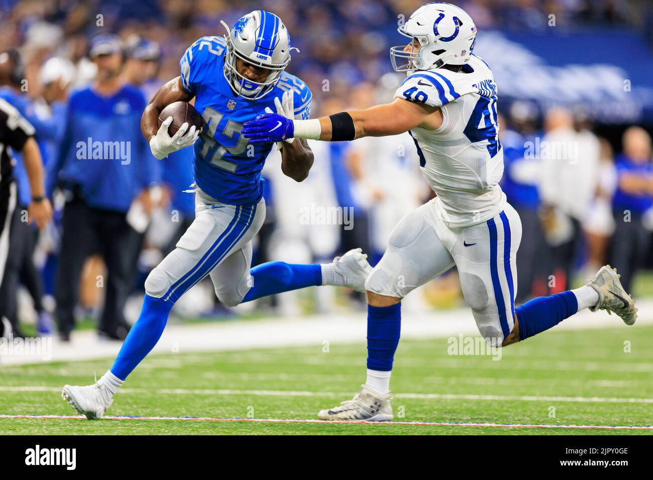 DETROIT, MI - NOVEMBER 24: Detroit Lions Running Back (42) Justin Jackson  receives the opening kickoff in the game between Buffalo Bills and Detroit  Lions on November 24, 2022 in Detroit, MI (