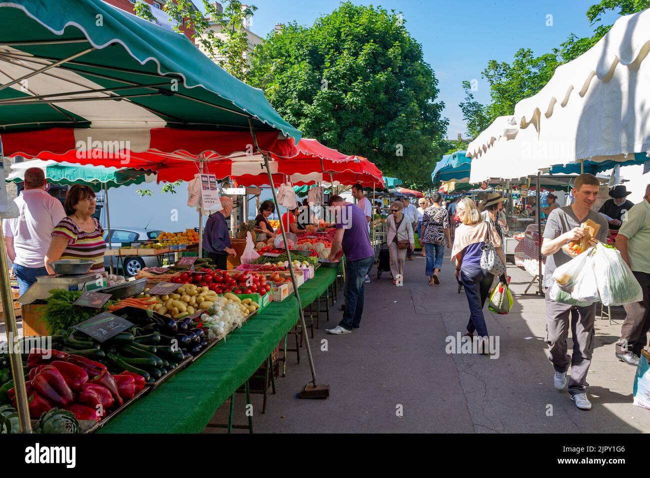 A street with Fruit and flowers Markets in downtown Lyon, France Stock Photo Alamy