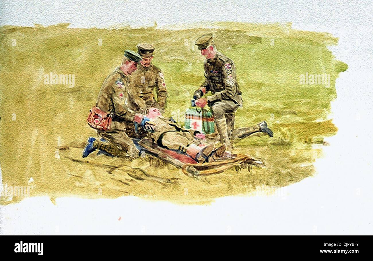 Three army medical personnel tending a figure on a stretcher, 191418