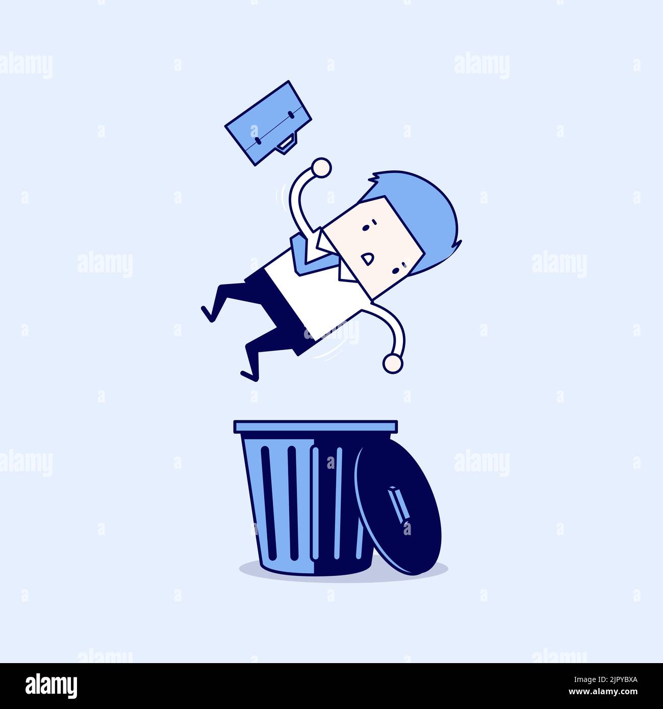 Businessman dropped into trashcan layoff. Cartoon character thin line style vector Stock Vector