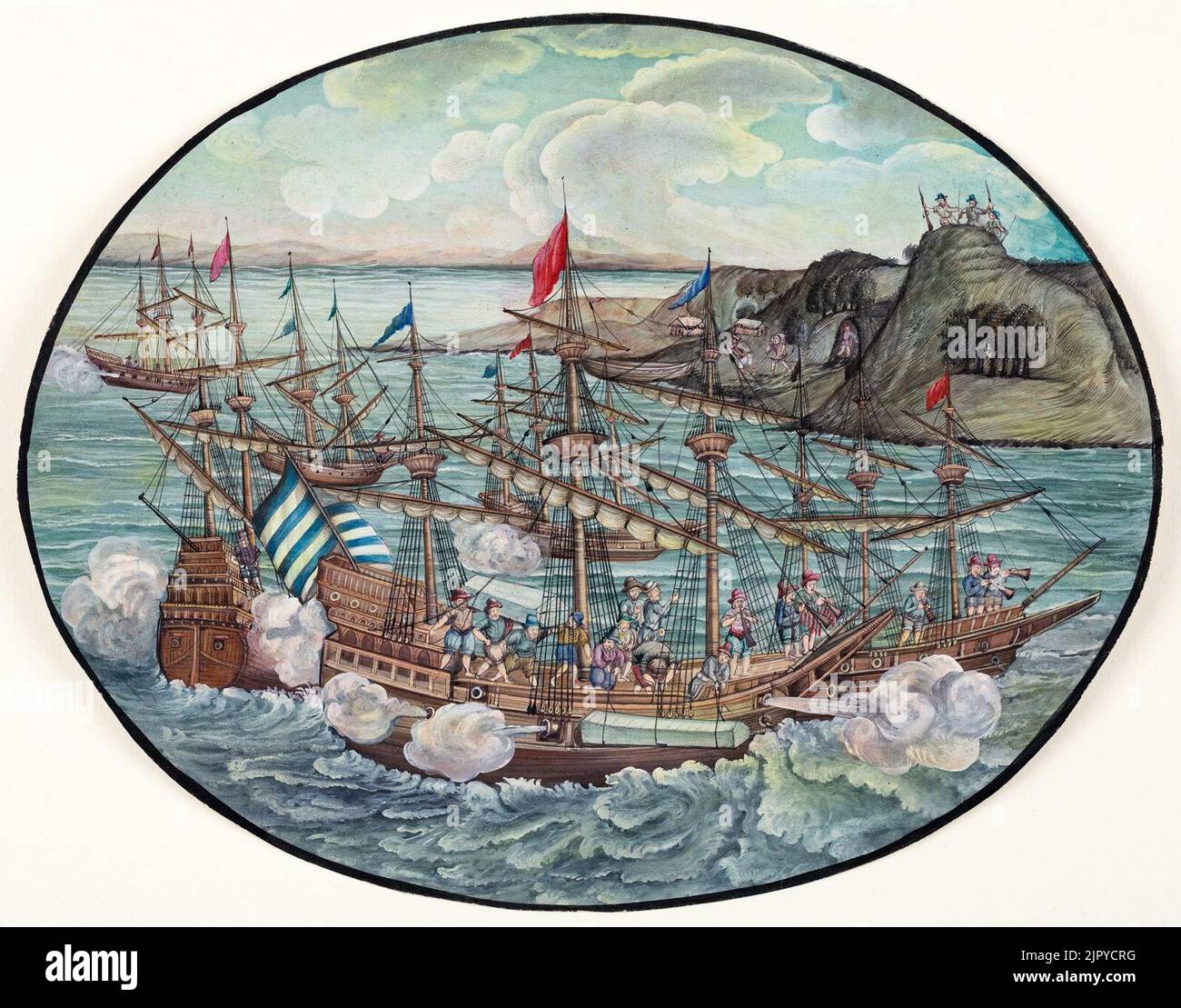 Three ships offshore firing cannons IndianSchool984709 Stock Photo