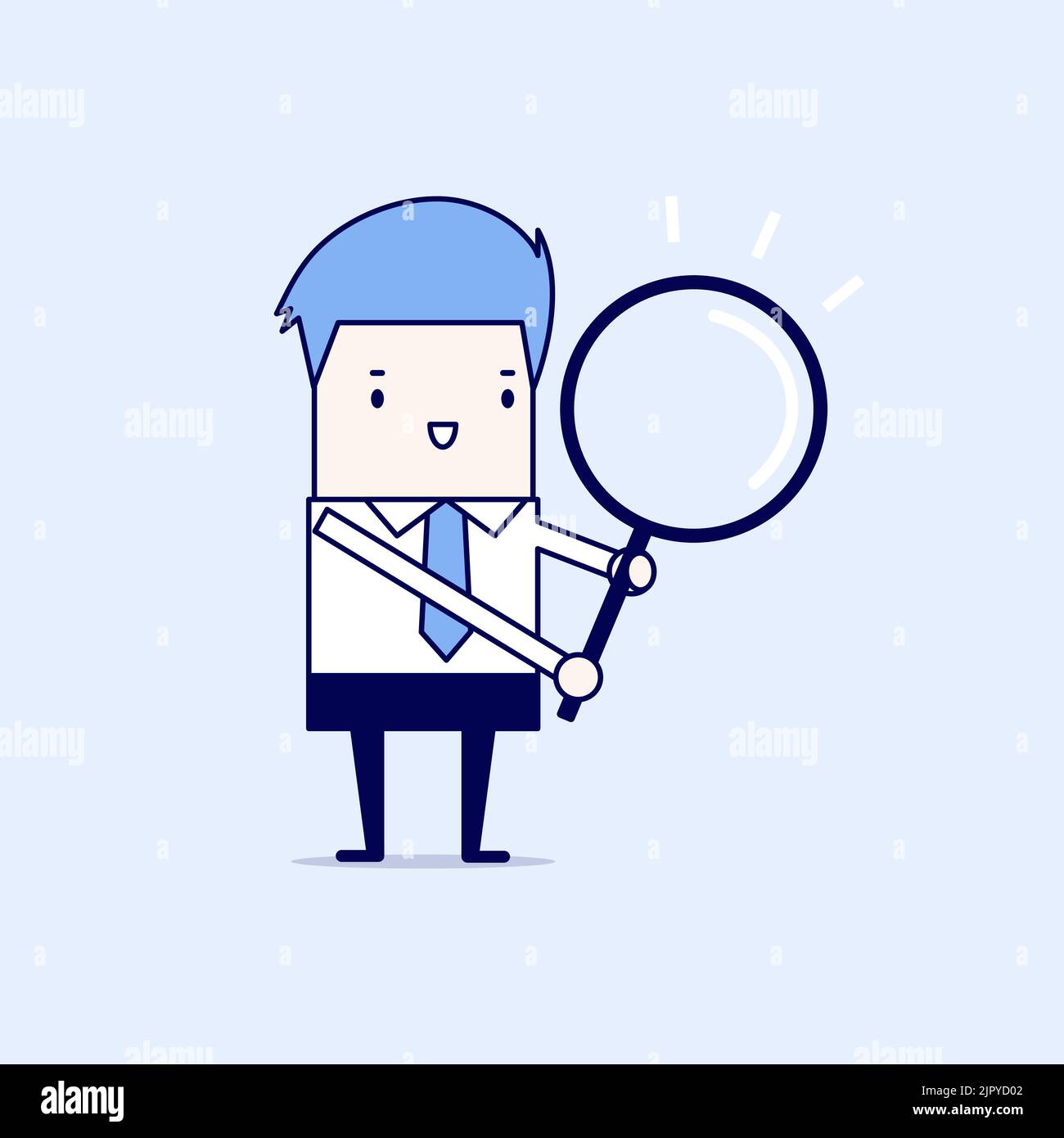 Businessman with a magnifying glass. Cartoon character thin line style vector. Stock Vector