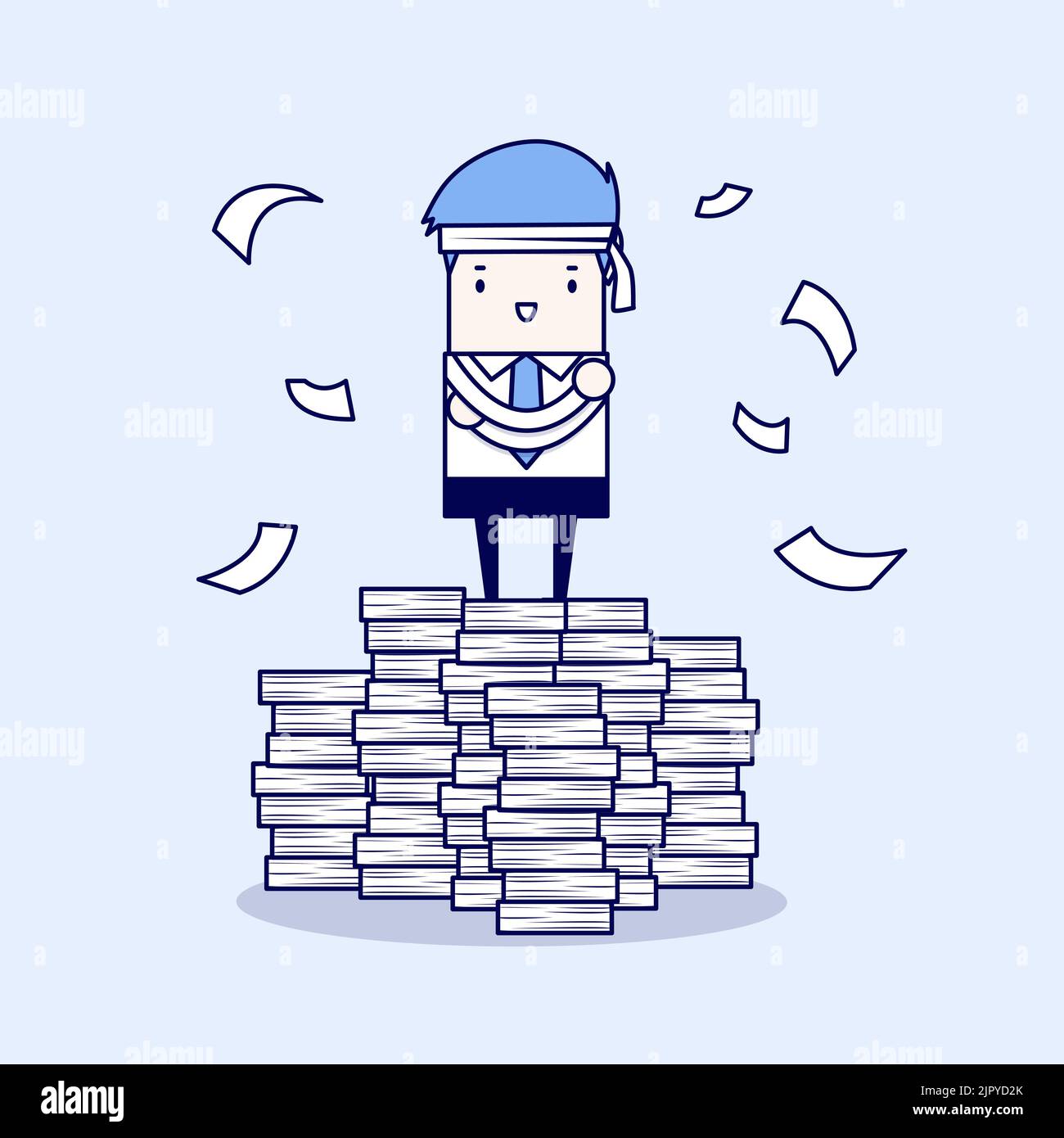 Businessman standing on paperwork. Cartoon character thin line style