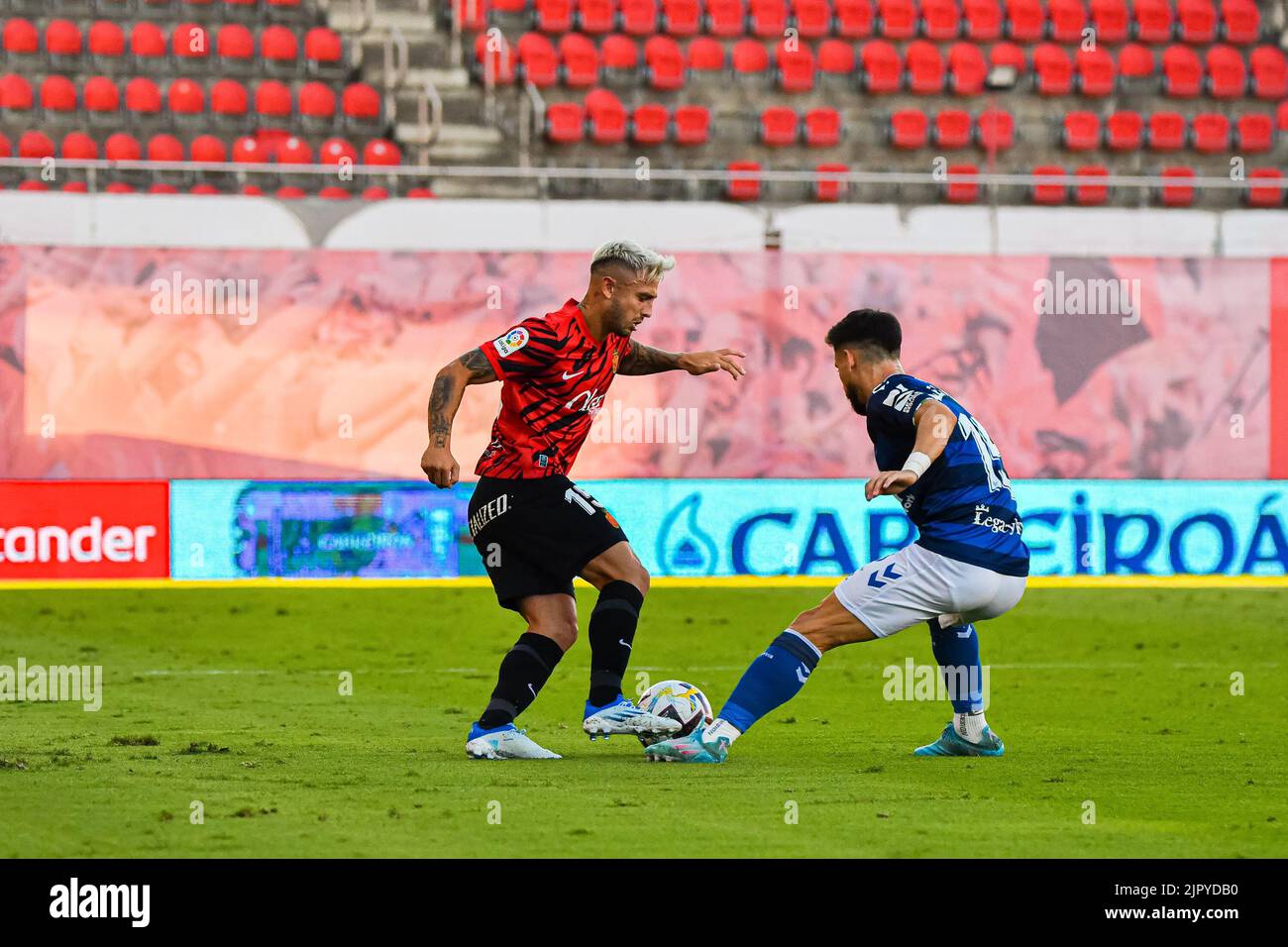 MALLORCA, SPAIN - AUGUST 20: Alex Moreno of Real Betis and Pablo Maffeo of RCD Mallorca in the match between RCD Mallorca and Real Betis of La Liga Santander on August 20, 2022 at Visit Mallorca Stadium Son Moix in Mallorca, Spain. (Photo by Samuel Carreño/PxImages) Stock Photo