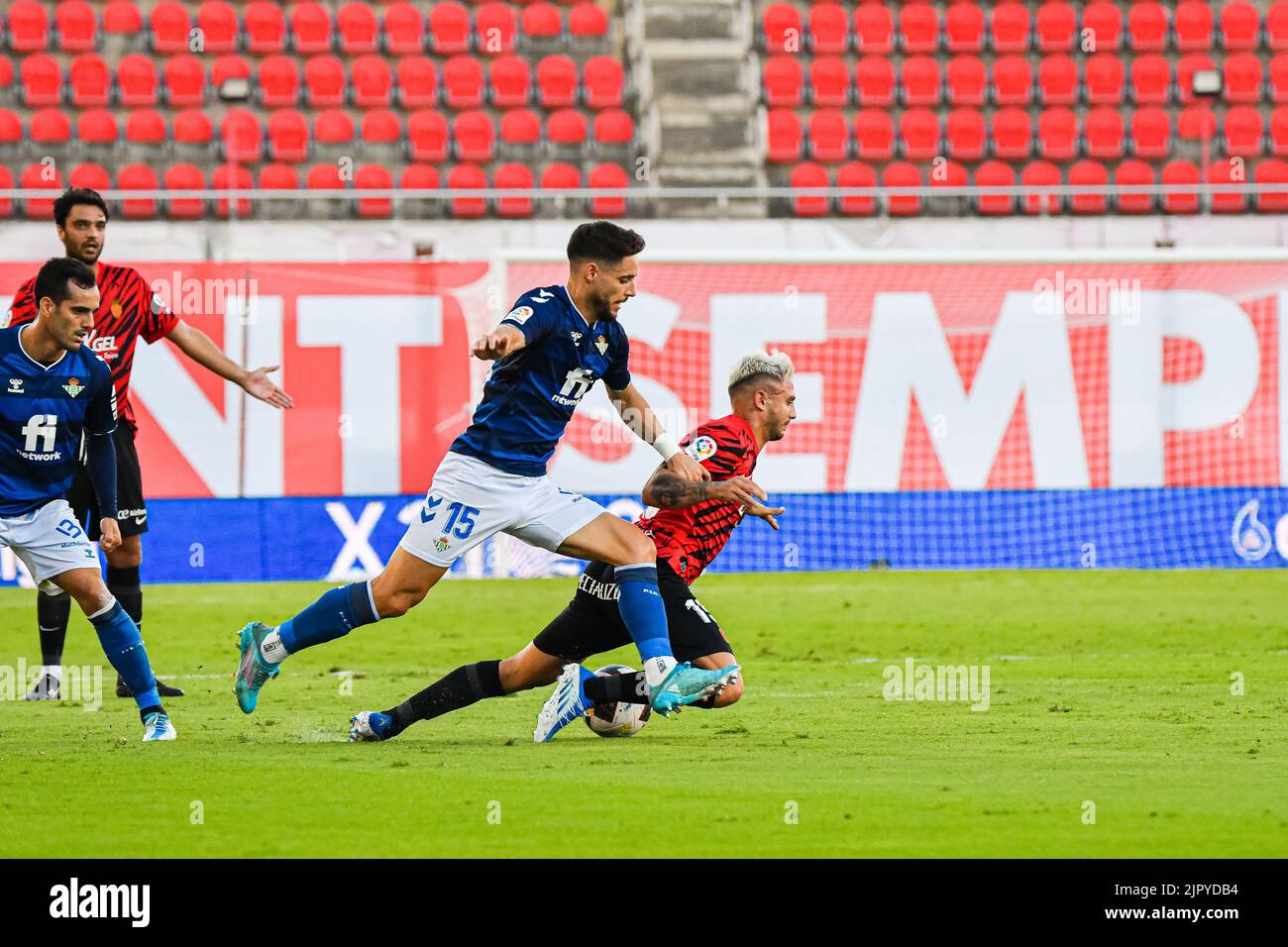 MALLORCA, SPAIN - AUGUST 20: Alex Moreno of Real Betis and Pablo Maffeo of RCD Mallorca in the match between RCD Mallorca and Real Betis of La Liga Santander on August 20, 2022 at Visit Mallorca Stadium Son Moix in Mallorca, Spain. (Photo by Samuel Carreño/PxImages) Stock Photo