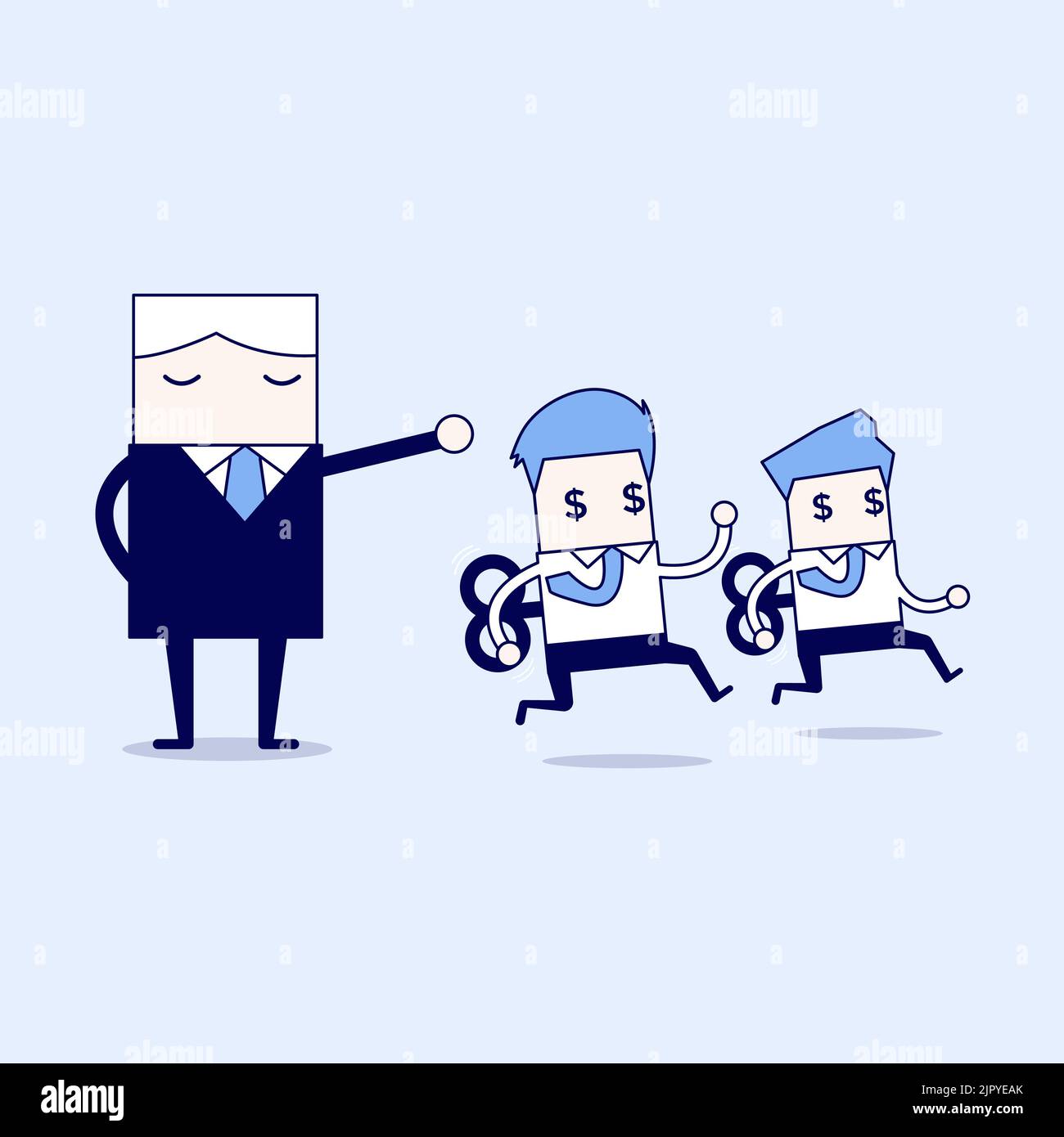 Boss command mechanical businessman. Cartoon character thin line style vector. Stock Vector