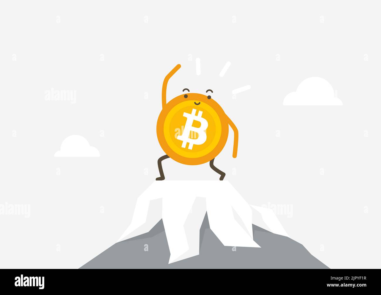 Bitcoin stands on the finance mountain. Cryptocurrency cartoon concept. Stock Vector