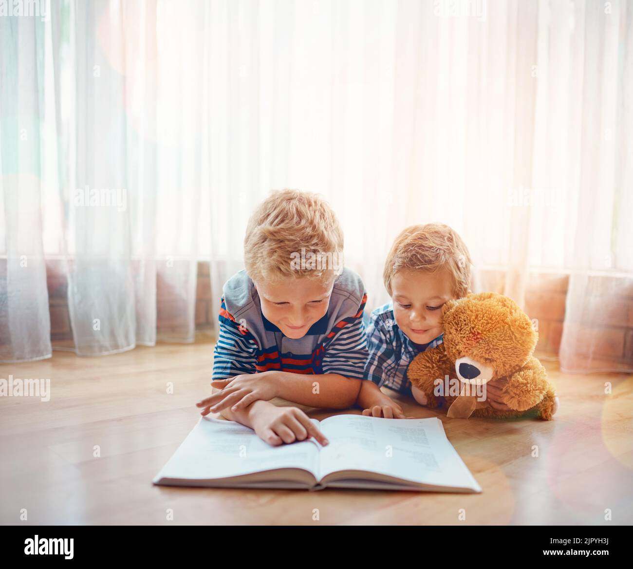 Hes definitely a storyteller. a boy reading to his younger brother. Stock Photo